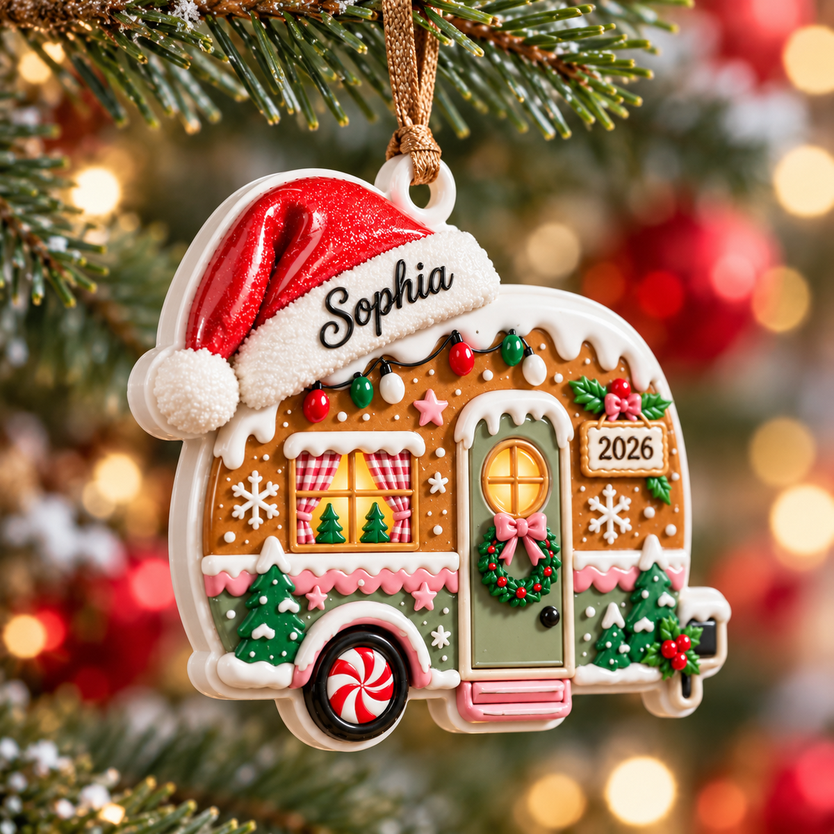 Gingerbread Camper Holiday Decoration with Santa Hat - 3D Relief Ornament