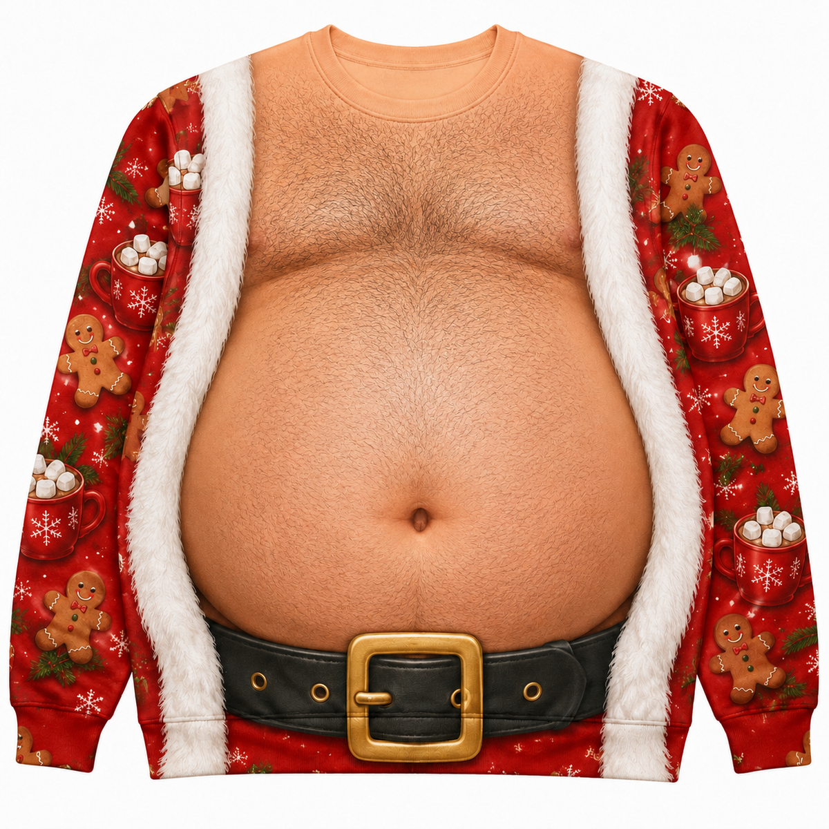 Funny Ugly Christmas Sweatshirt Fake Bare Chest Belly Graphic Crewneck