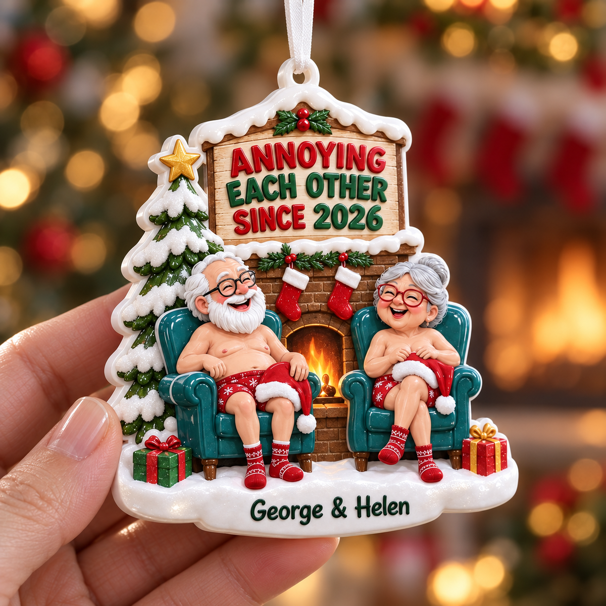 Christmas Couple Fireplace Holiday Tree Hanging Keepsake Decor - 3D Relief Ornament