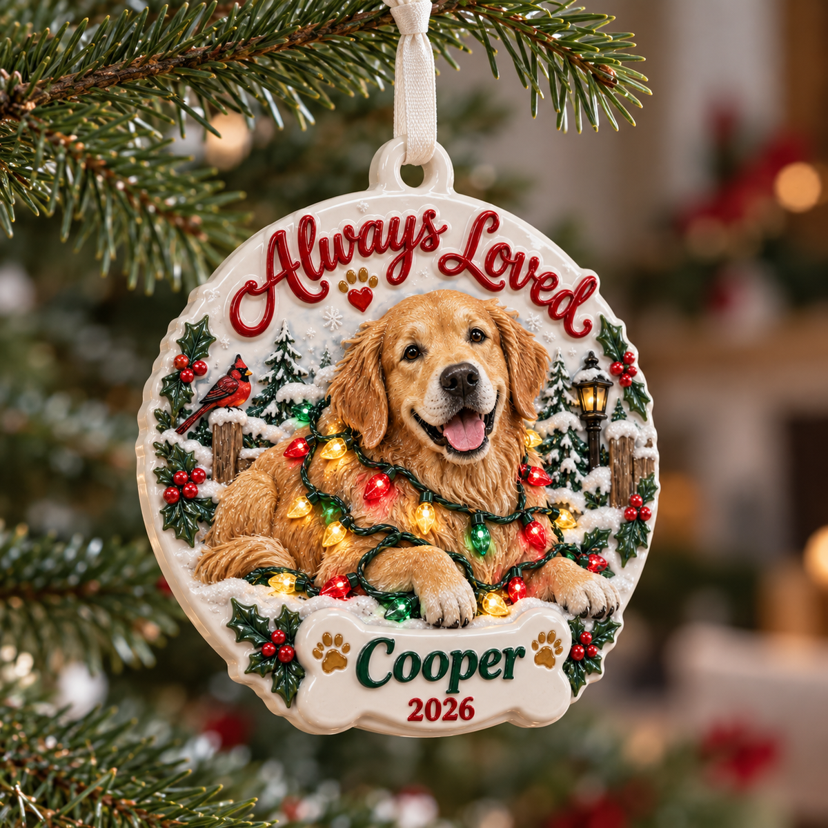 Golden Retriever Dog Memorial Winter Scene Ceramic Holiday Keepsake - 3D Relief Ornament