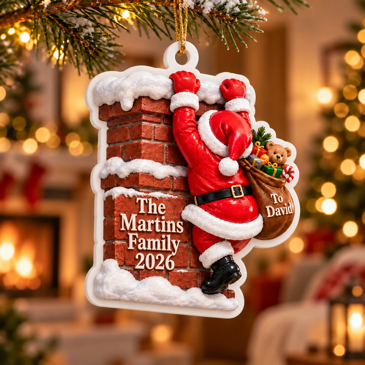 Santa Climbing Brick Chimney Christmas Tree Hanging Keepsake - 3D Relief Ornament