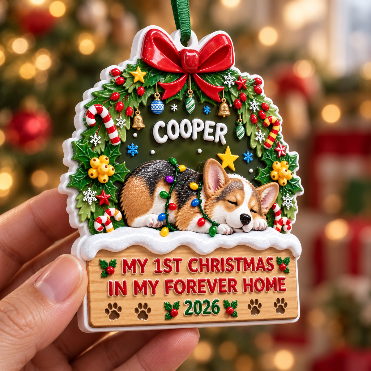 Sleeping Corgi Dog First Christmas In My Forever Home Holiday Plaque - 3D Relief Ornament