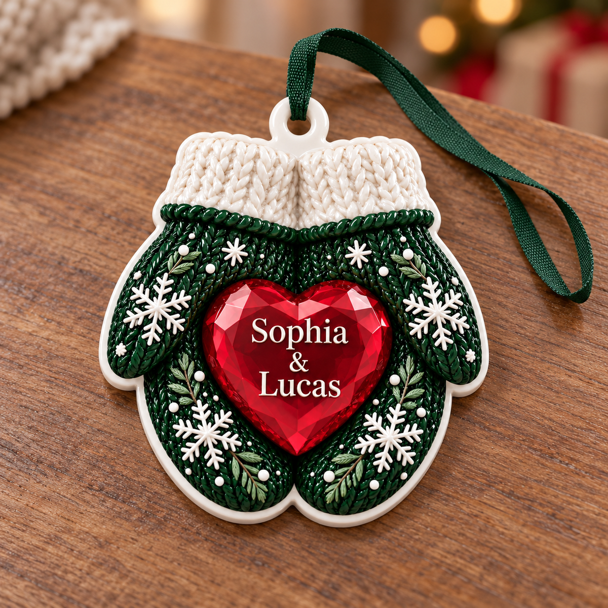 Winter Mittens with Red Gem Heart Christmas Tree Decoration - 3D Relief Ornament