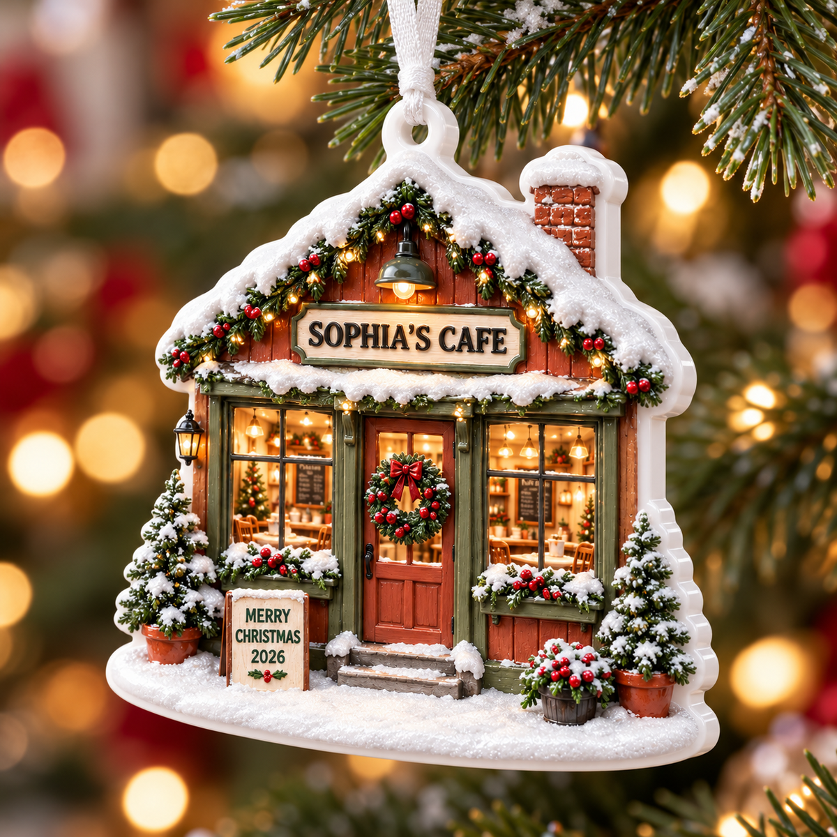 Snowy Christmas Cafe Storefront Hanging Holiday Decoration - 3D Relief Ornament
