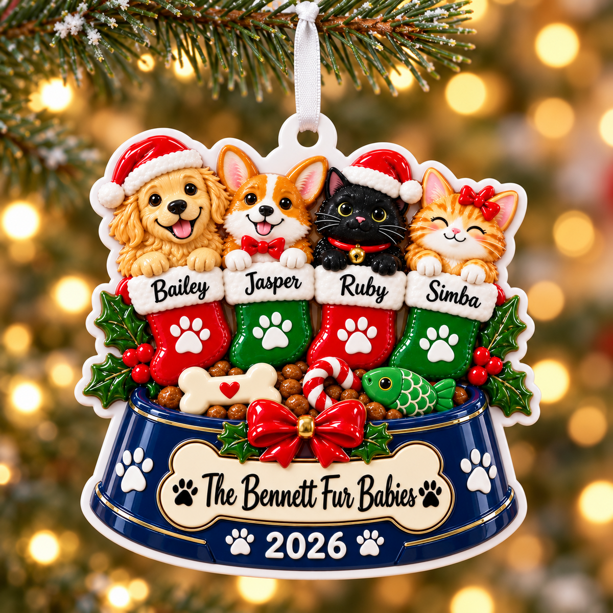 Christmas Pet Bowl with Four Dogs and Cats in Stockings Hanging Decor ...