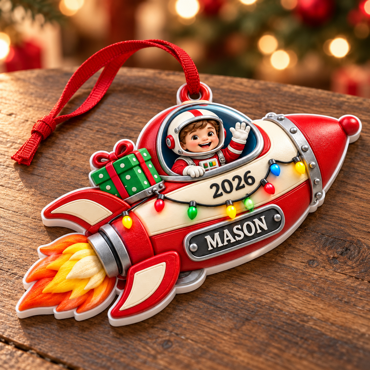 Astronaut Boy Flying Red Rocket Ship Holiday Tree Hanging Decor - 3D Relief Ornament