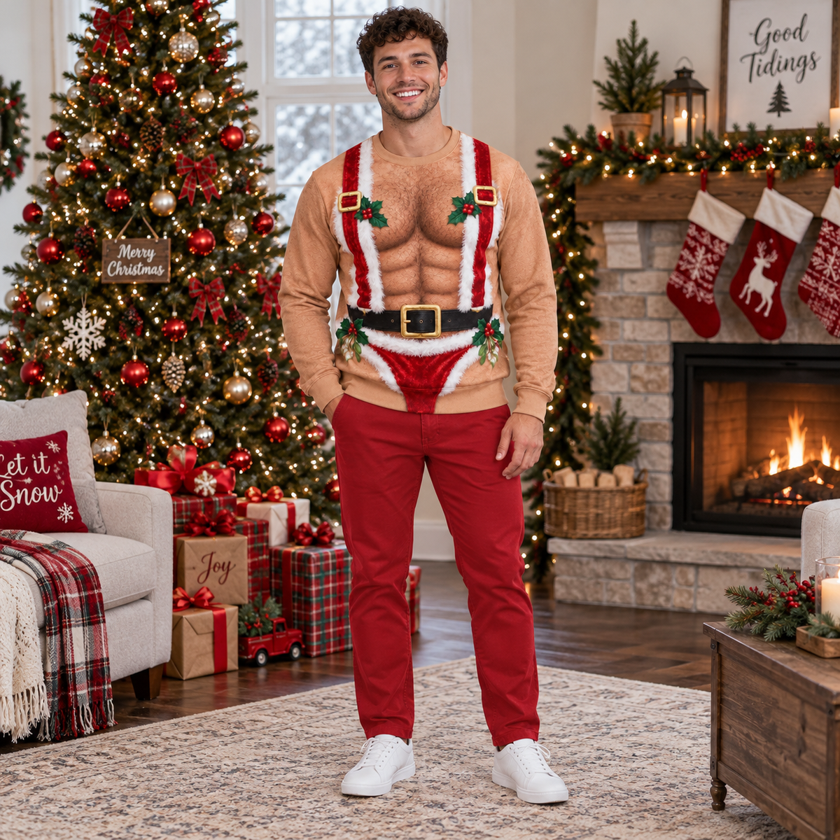 Hairy Chest Christmas Sweatshirt Fake Abs Novelty Holiday Pullover