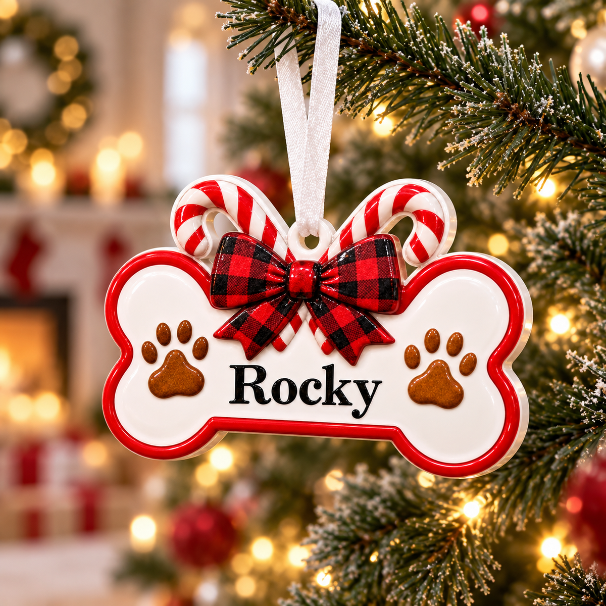 Dog Bone Holiday Keepsake with Candy Canes and Plaid Ribbon Bow - 3D Relief Ornament
