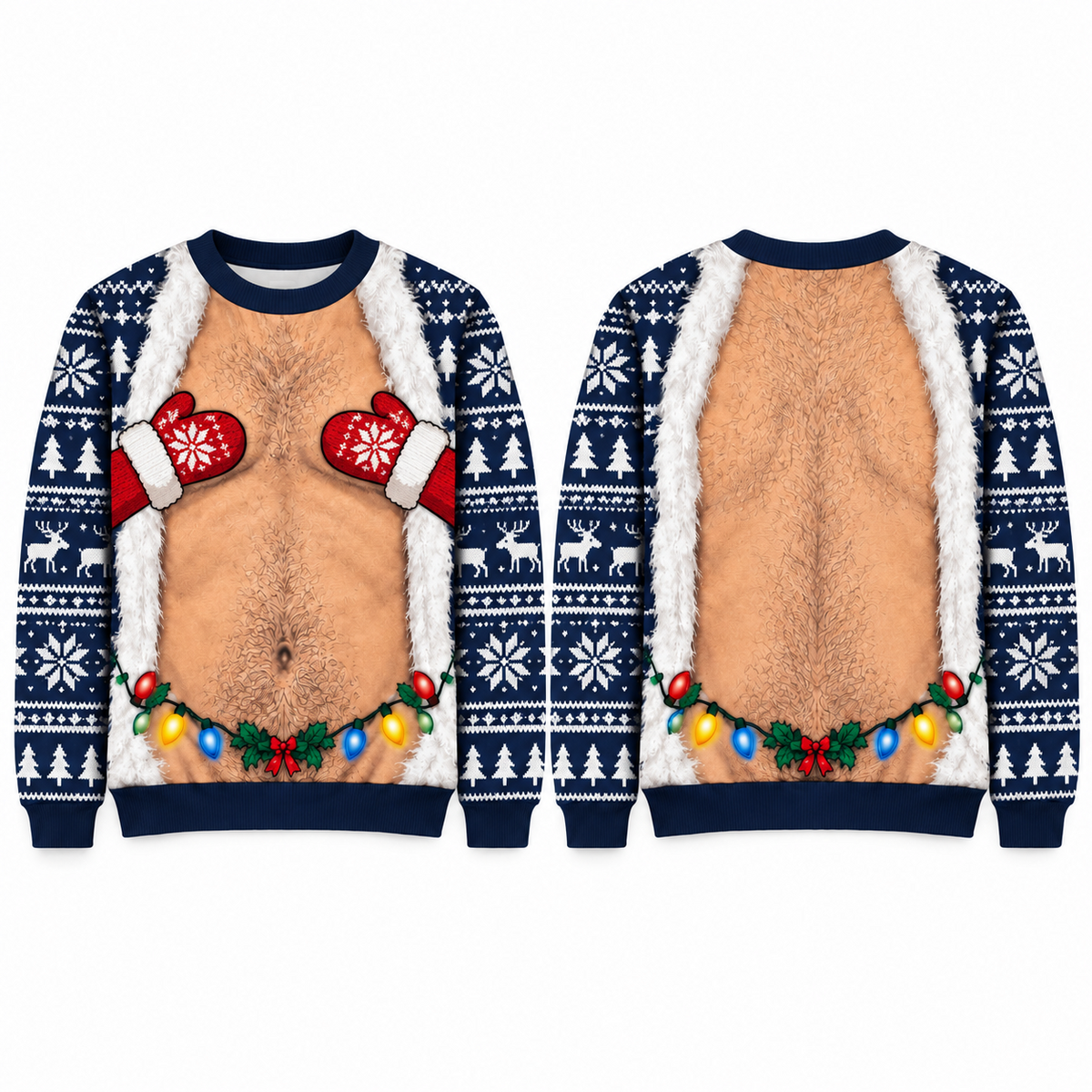 Funny Christmas Sweatshirt Hairy Chest Mitten Lights Ugly Sweater