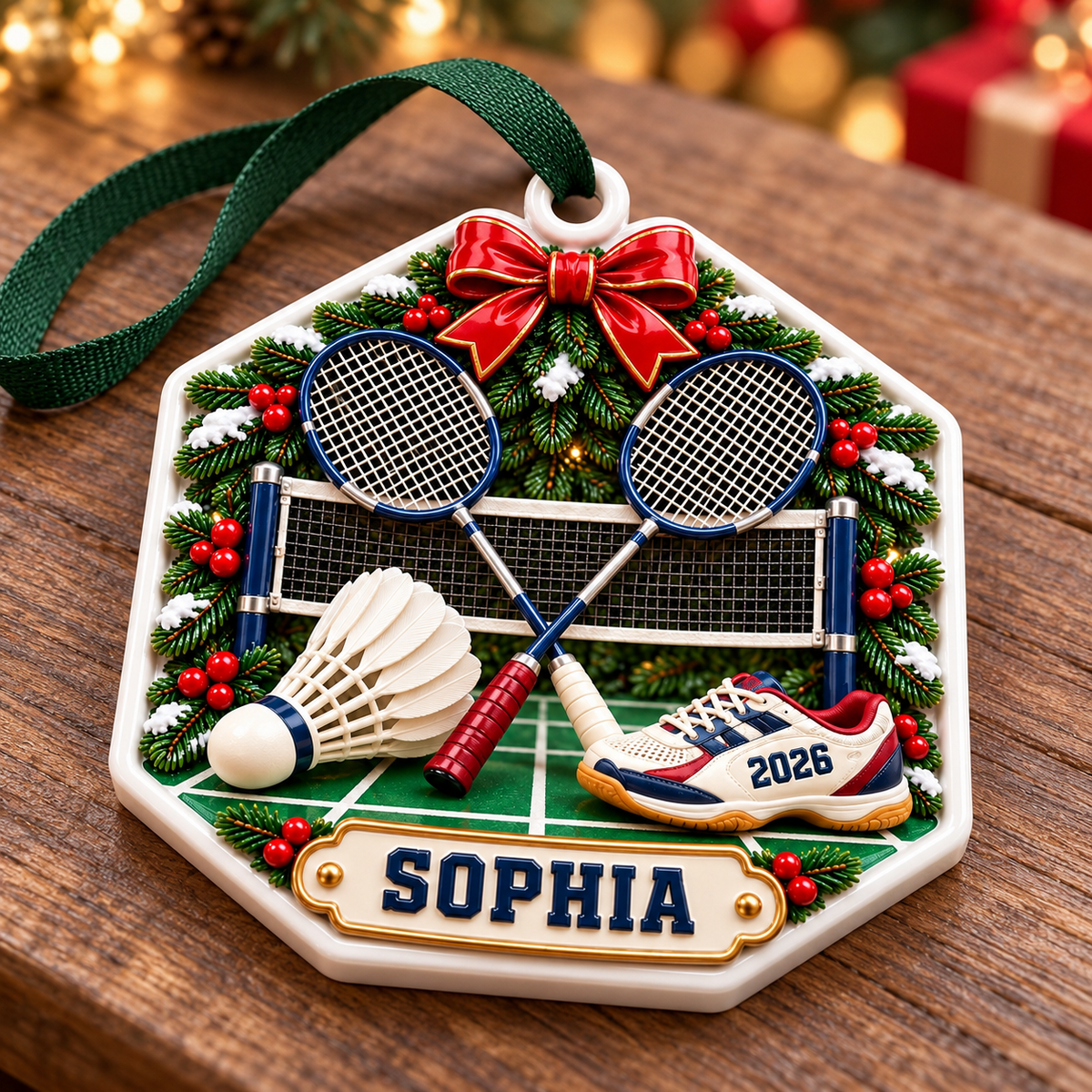 Badminton Rackets and Shuttlecock Court Hexagon Holiday Keepsake - 3D Relief Ornament