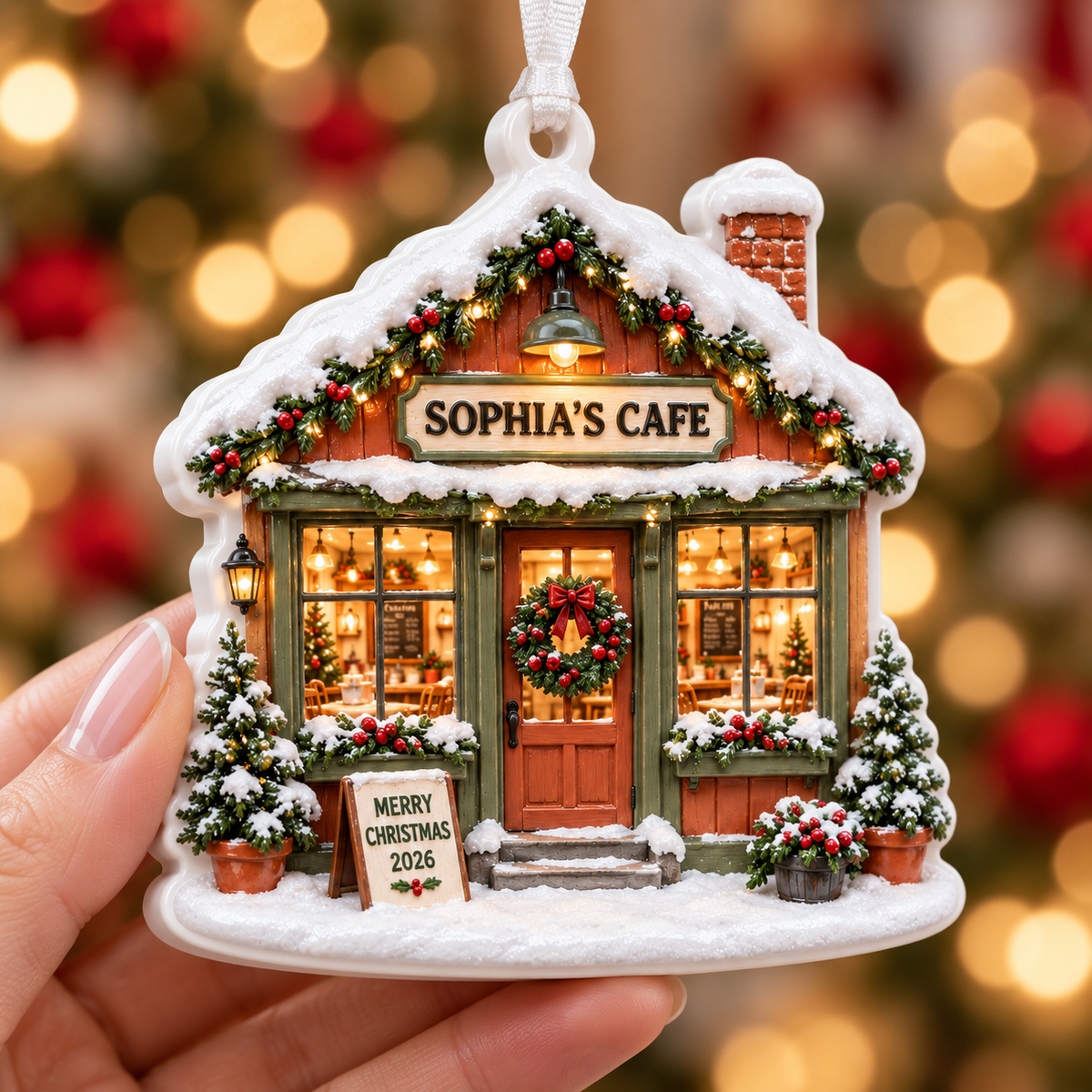 Snowy Christmas Cafe Storefront Hanging Holiday Decoration - 3D Relief Ornament