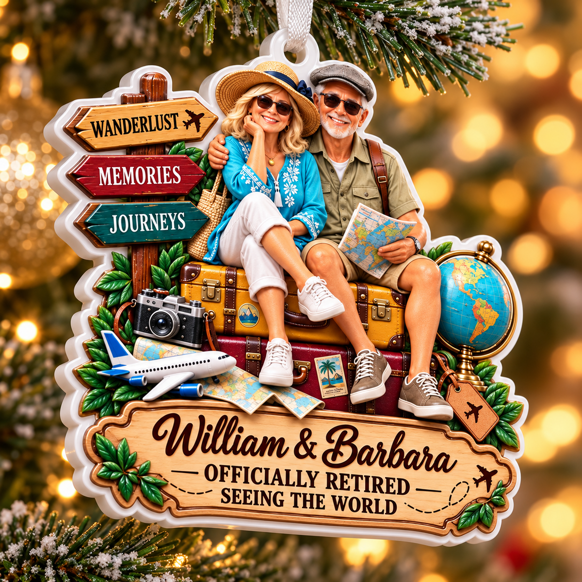 Retired Couple Traveling World Vacation Keepsake - 3D Relief Ornament