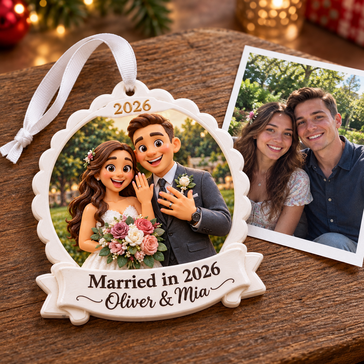 Cartoon Wedding Couple Scalloped Frame Hanging Keepsake - 3D Relief Ornament