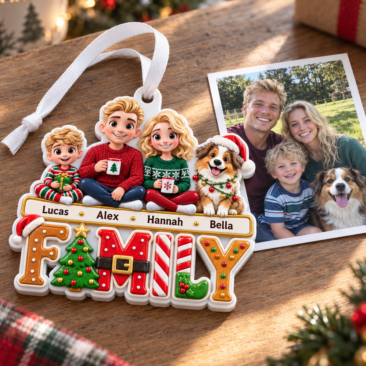 Family and Dog Christmas Tree Ornament, Acrylic Holiday Hanging Decor