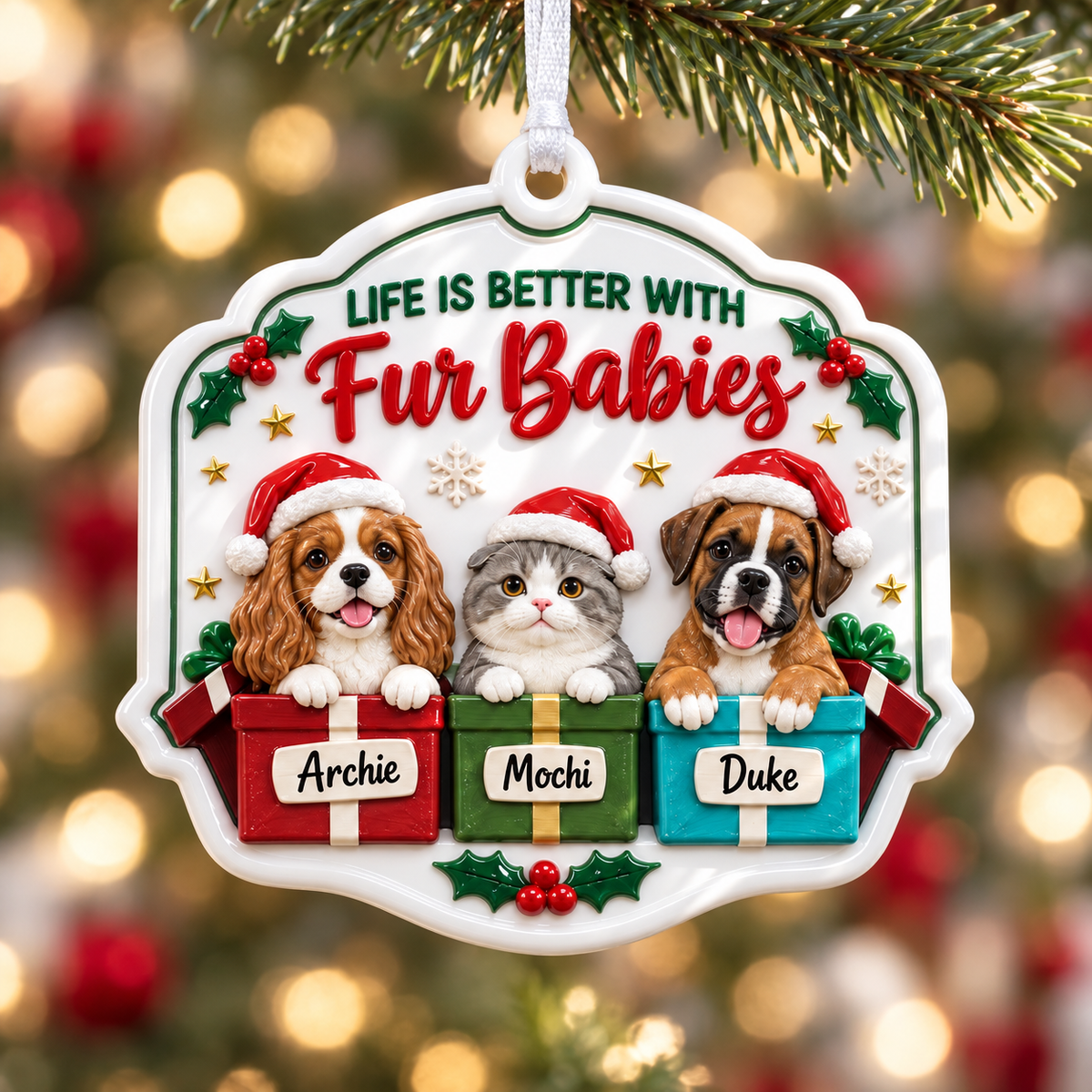 Pet Christmas Tree Hanging Plaque with Dogs, Cat in Santa Hats, Holiday Gift Boxes - 3D Relief Ornament