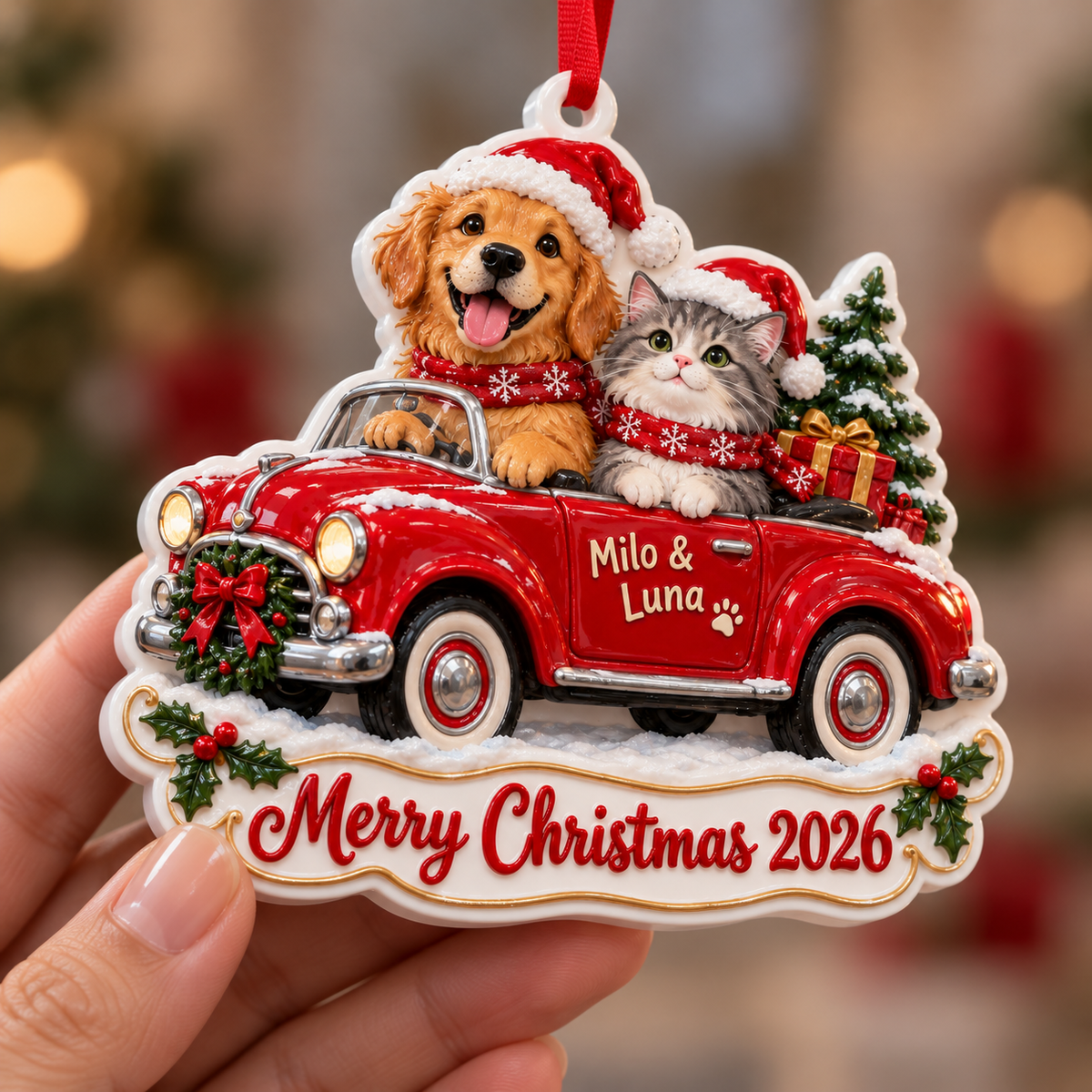 Dog and Cat in Vintage Red Car Holiday Keepsake - 3D Relief Ornament