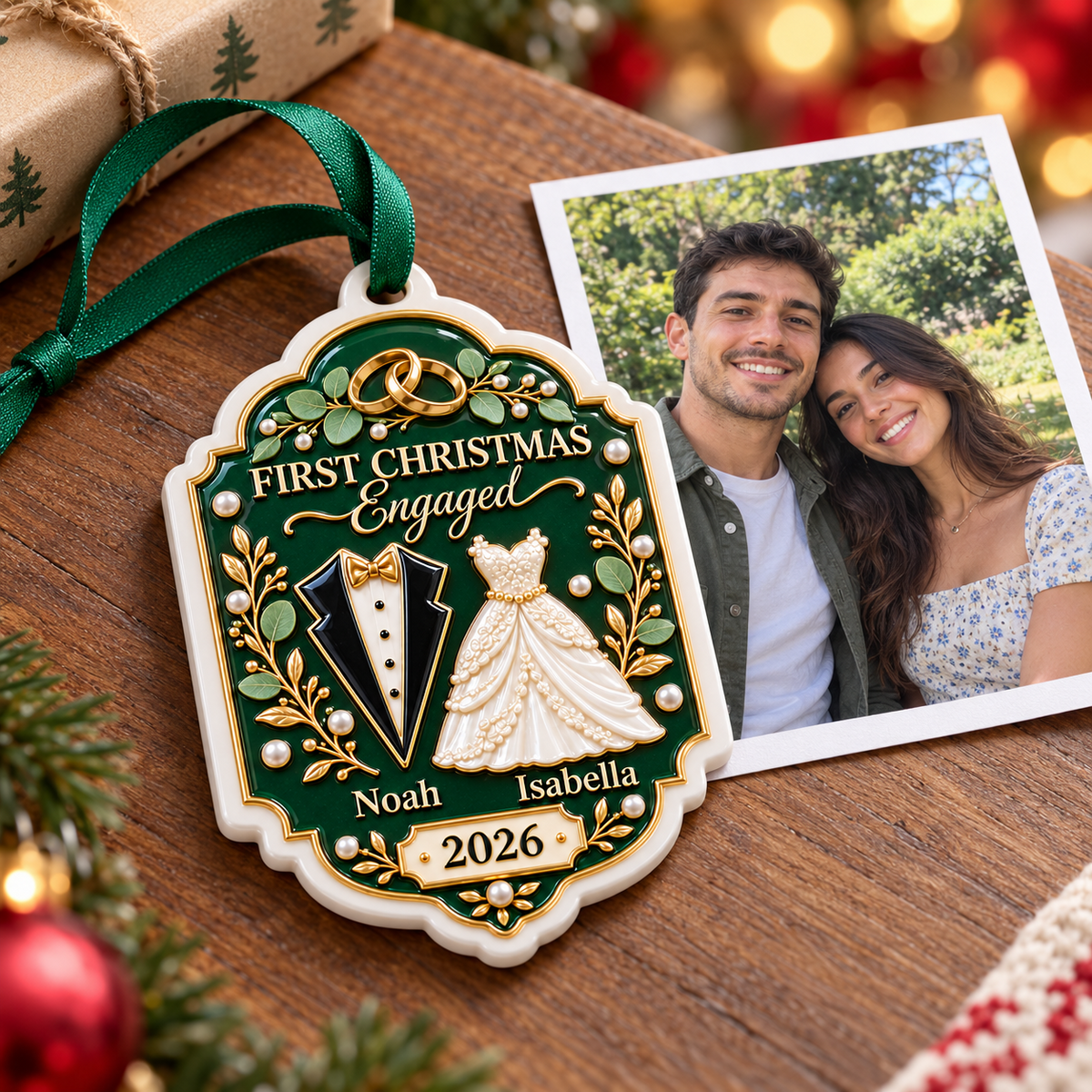 First Christmas Engaged Couple Plaque Emerald Green Tuxedo Gown Keepsake - 3D Relief Ornament