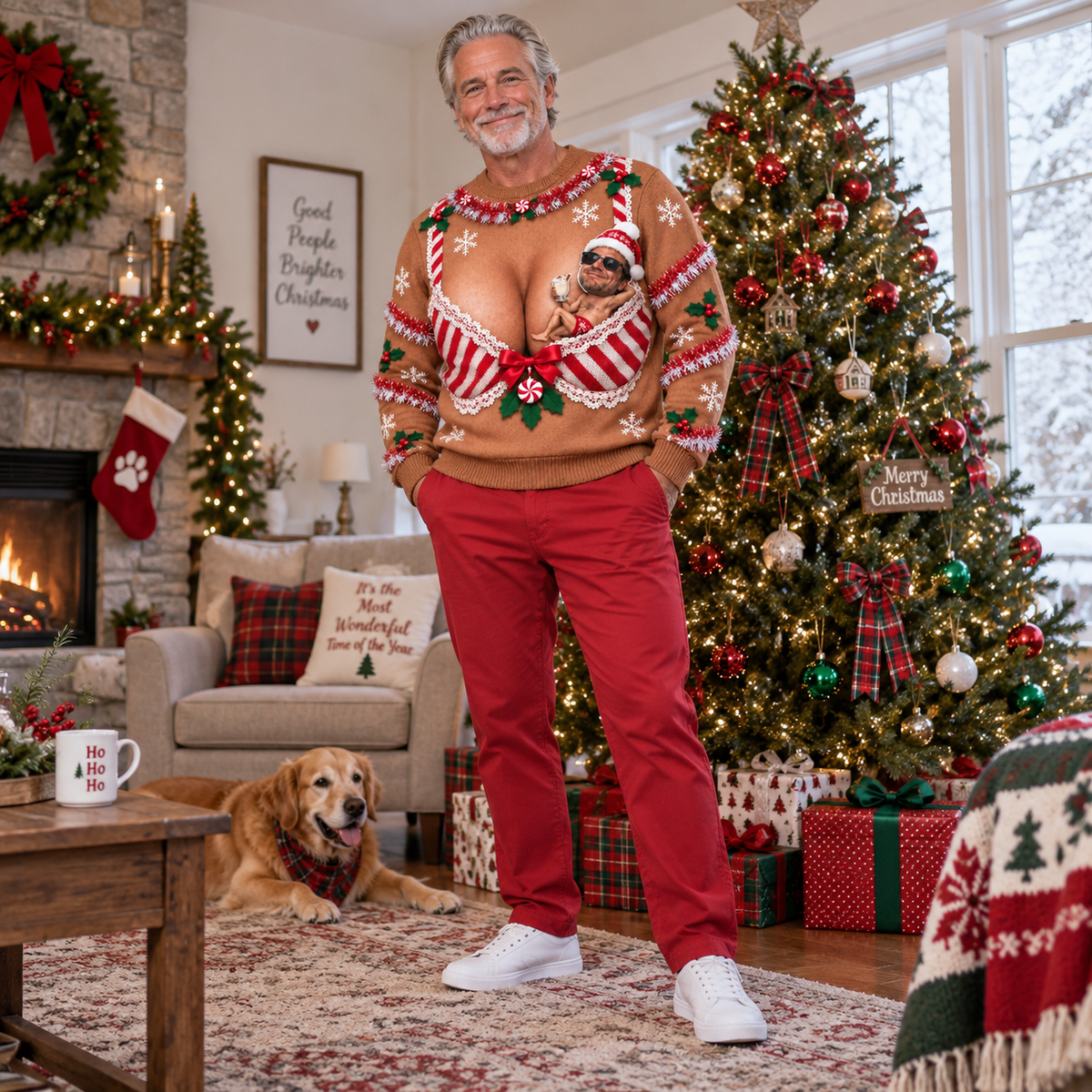 Funny Christmas Sweatshirt, Brown Novelty Plaid Bra Graphic Crewneck