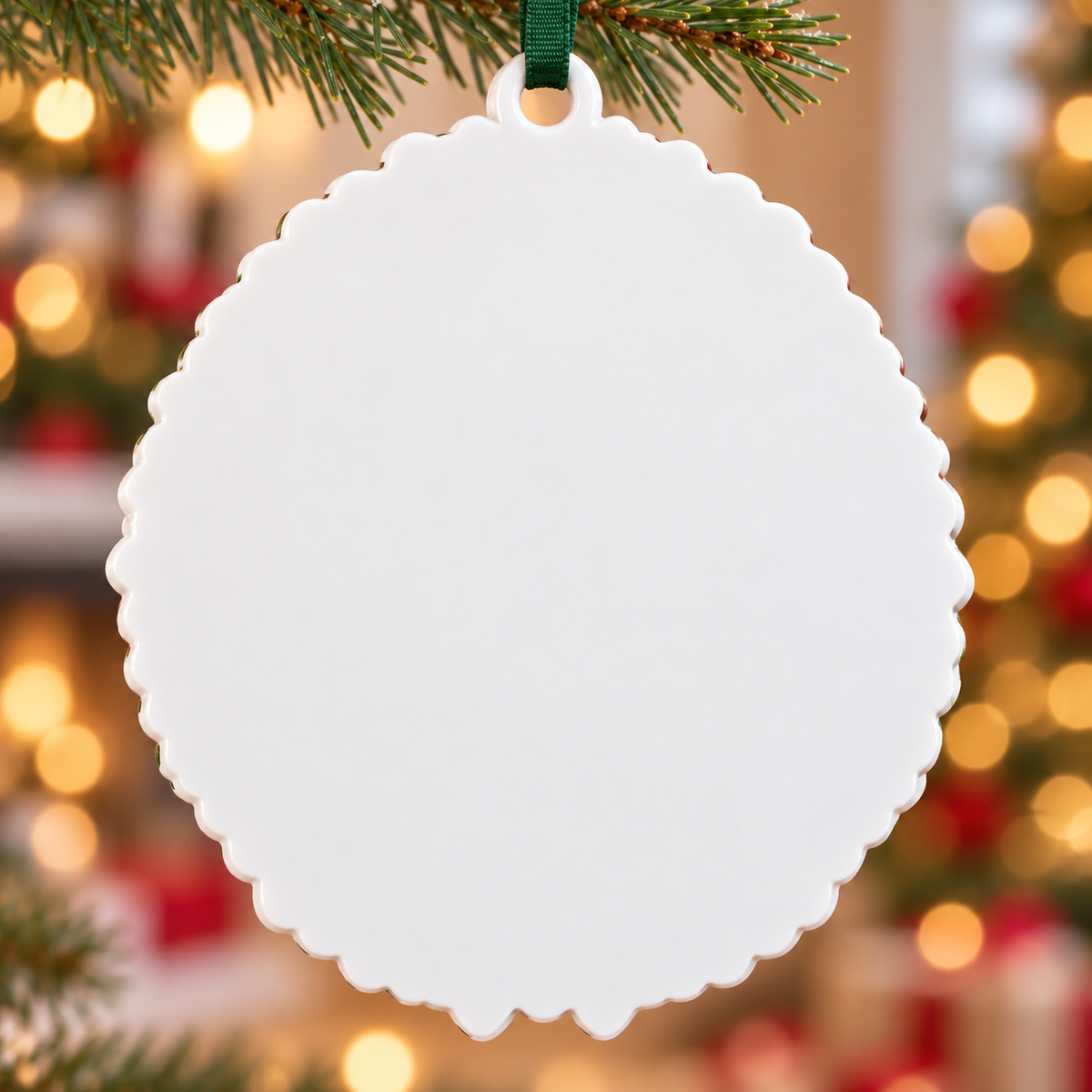 Family of Four Christmas Wreath Medallion with Red Ribbon Bow - 3D Relief Ornament