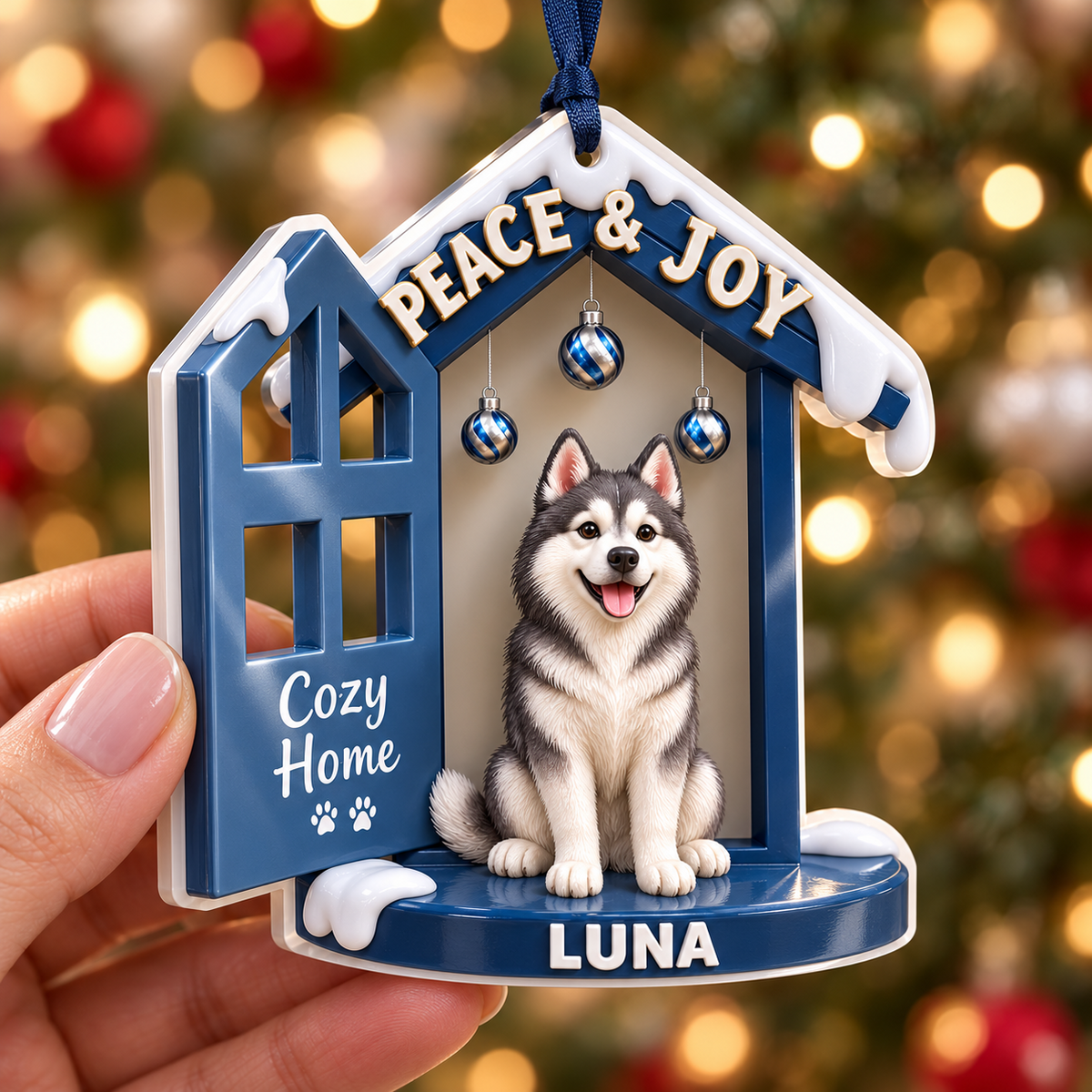 Blue Siberian Husky Dog House Holiday Christmas Tree Hanging Decor - 3D Relief Ornament