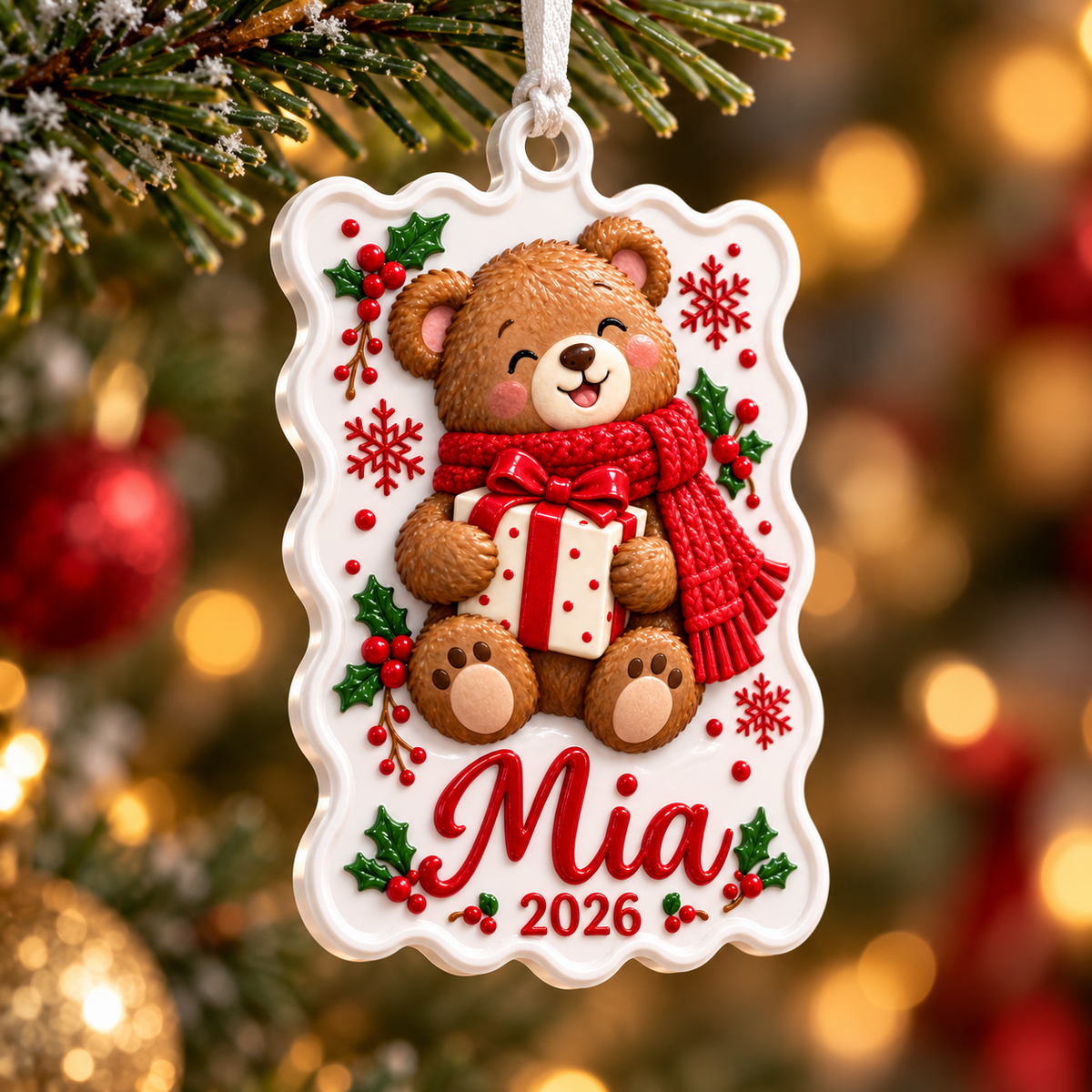 Christmas Teddy Bear with Gift Box Scalloped Holiday Keepsake - 3D Relief Ornament