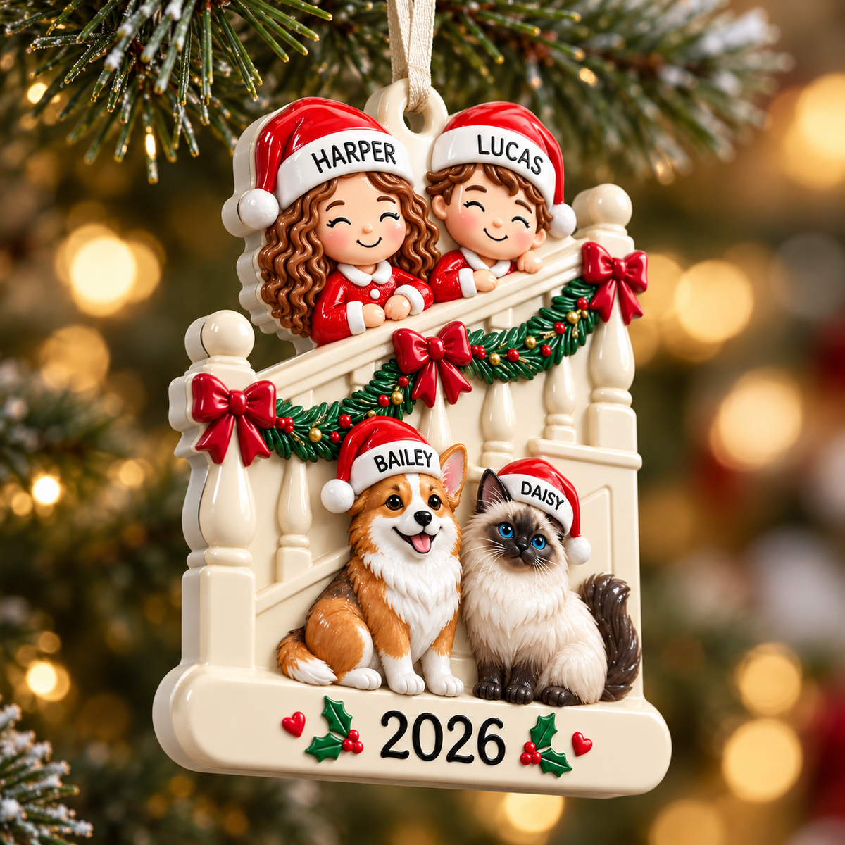 Family Kids with Dog and Cat on Staircase Christmas Holiday Keepsake - 3D Relief Ornament