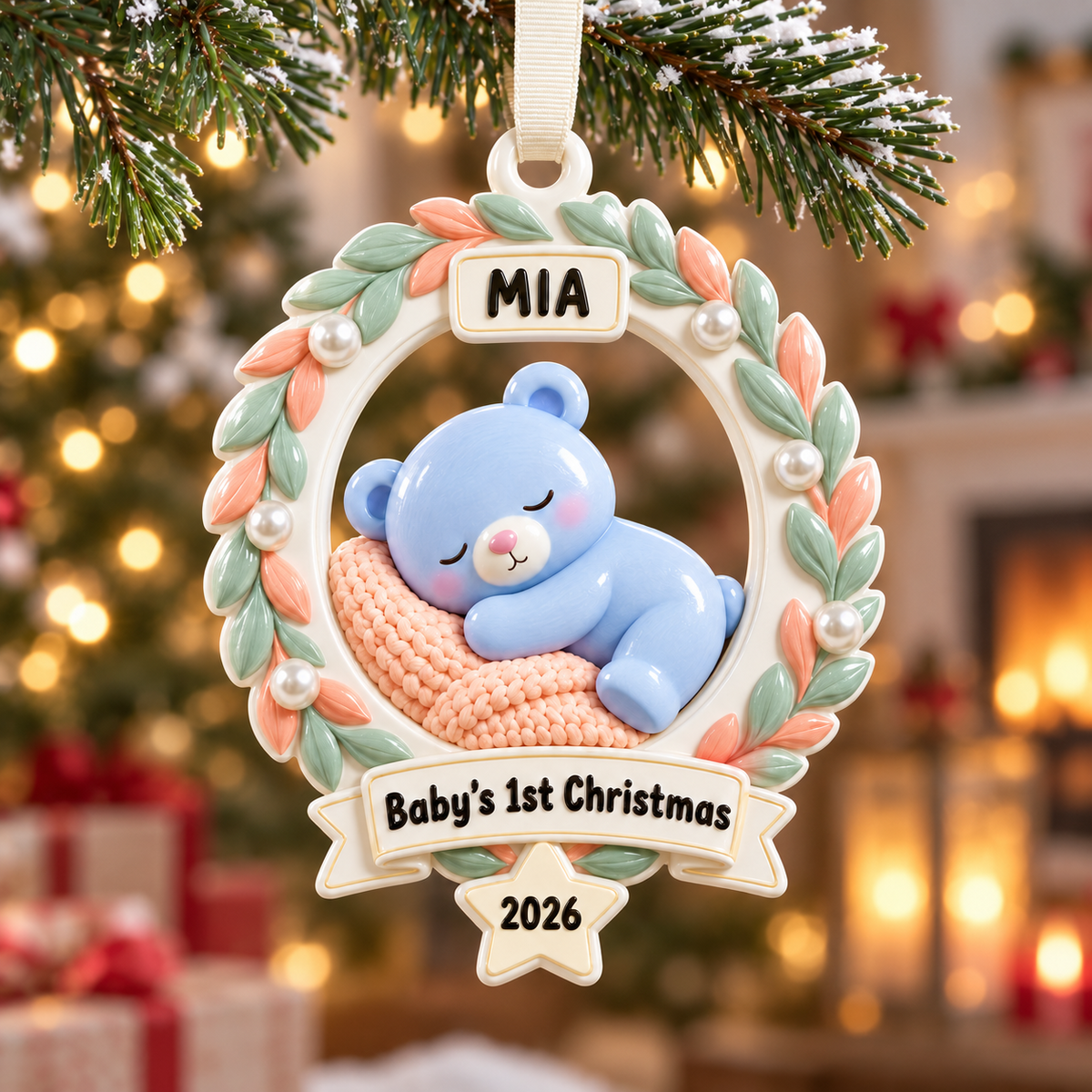 Baby First Christmas Round Picture Frame with Pastel Foliage Wreath - 3D Relief Ornament