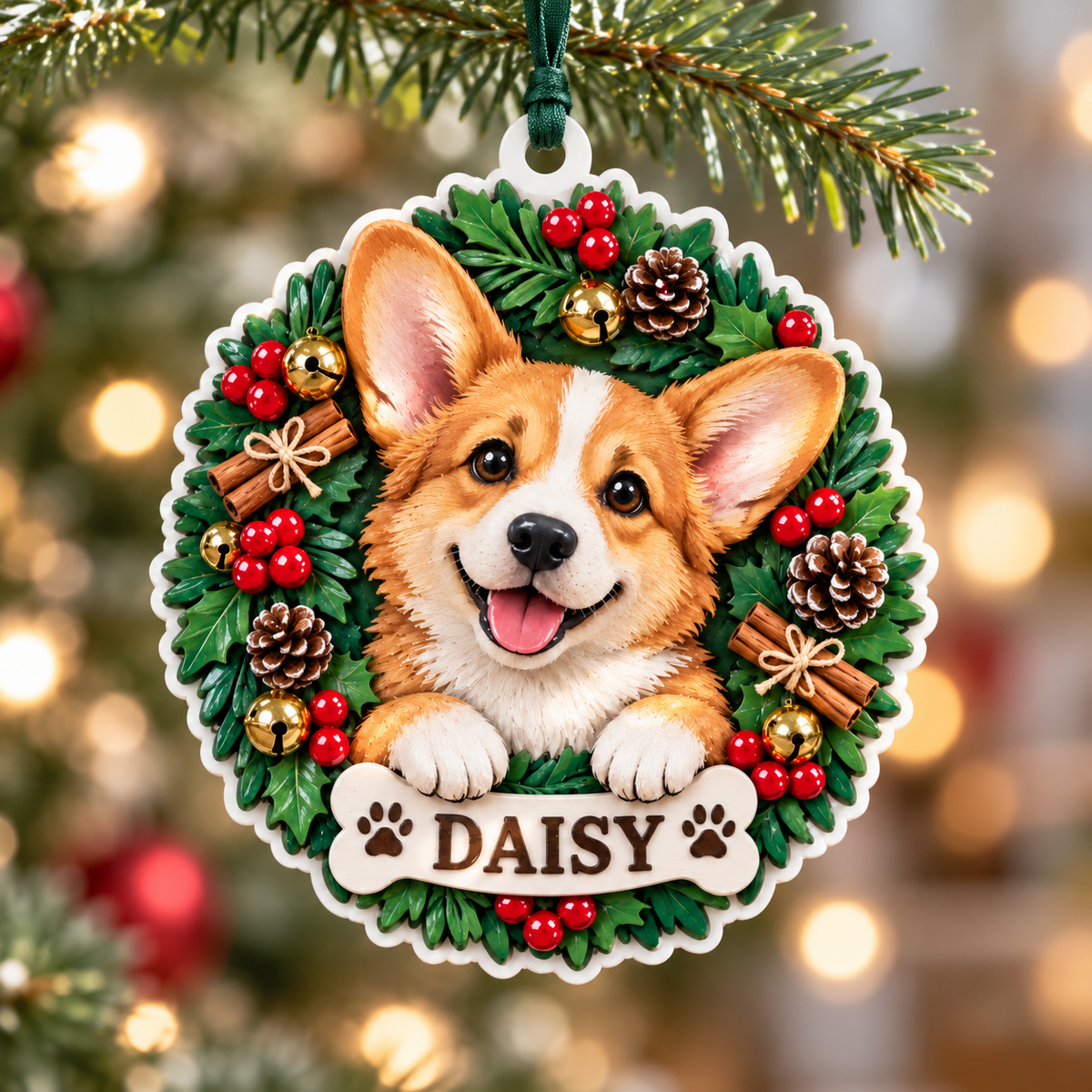 Pembroke Welsh Corgi Dog Holiday Pine Wreath Christmas Tree Hanging Decor - 3D Relief Ornament