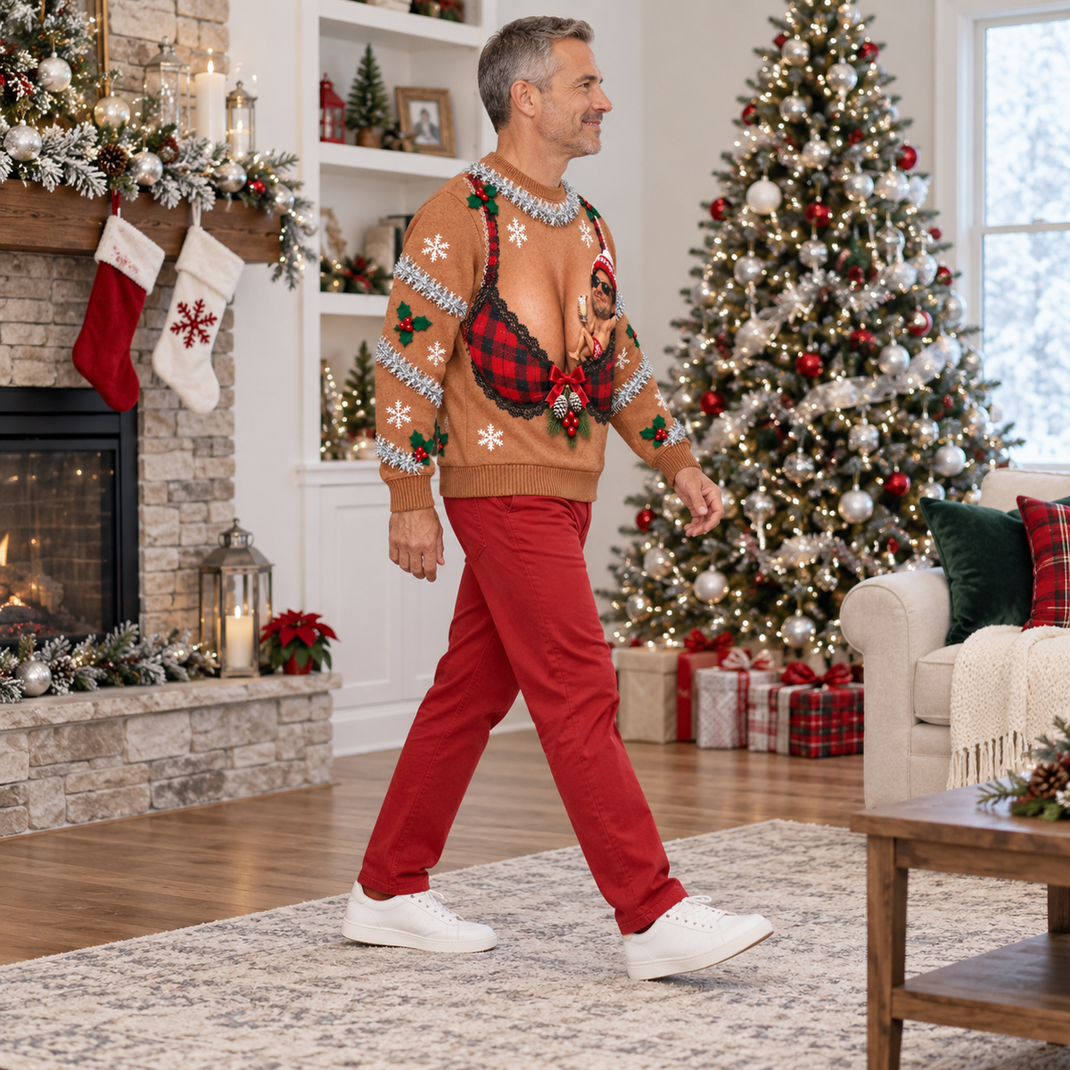 Funny Christmas Sweatshirt, Brown Novelty Plaid Bra Graphic Crewneck