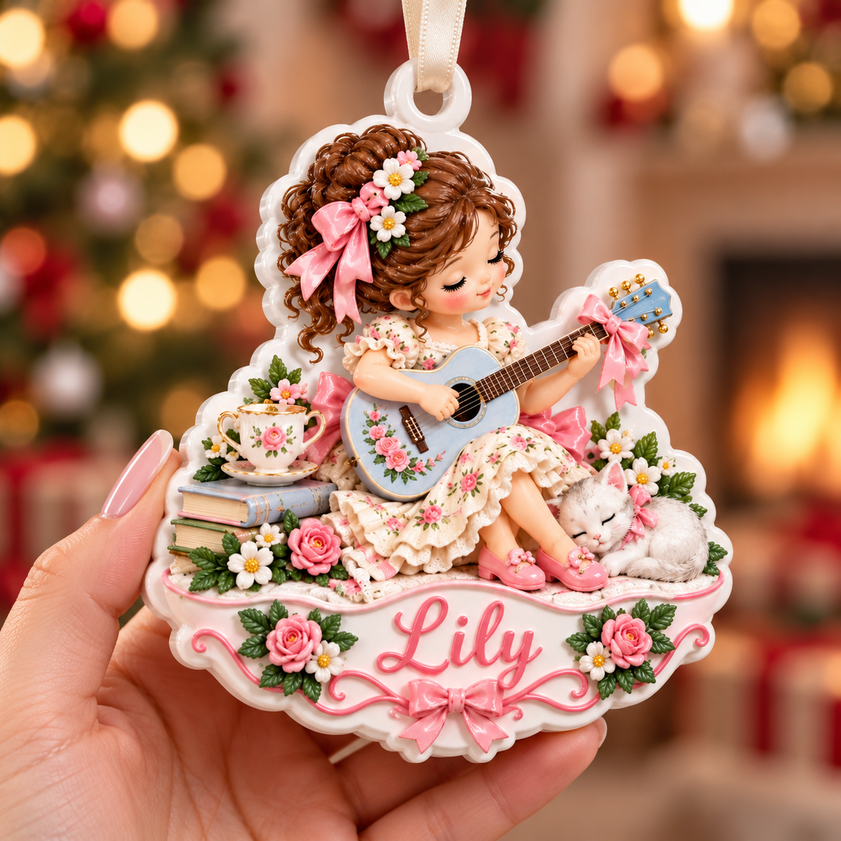 Girl Playing Guitar with Sleeping Kitten and Floral Teacup - 3D Relief Ornament