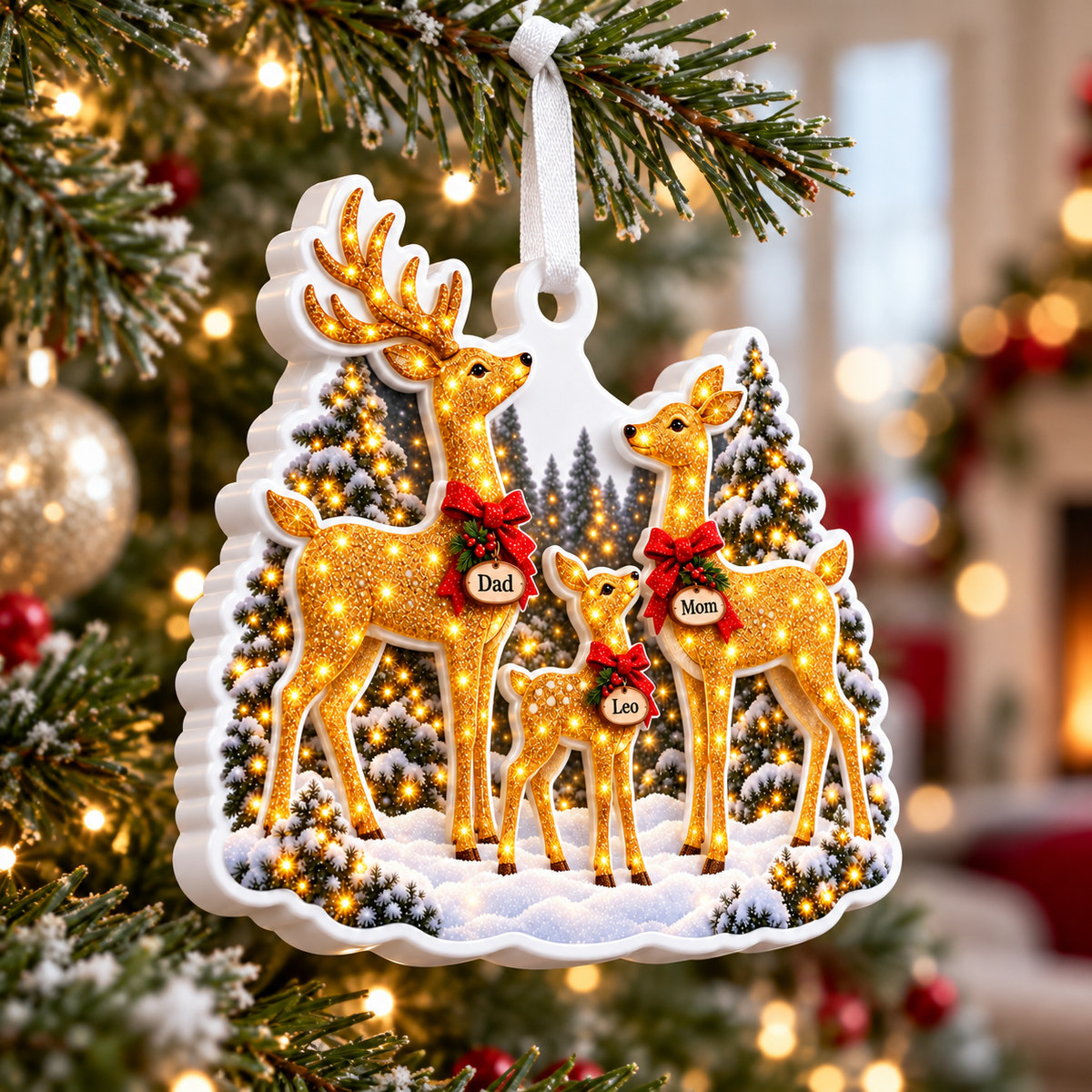 Family Deer in Snowy Pine Forest Acrylic Christmas Keepsake - 3D Relief Ornament