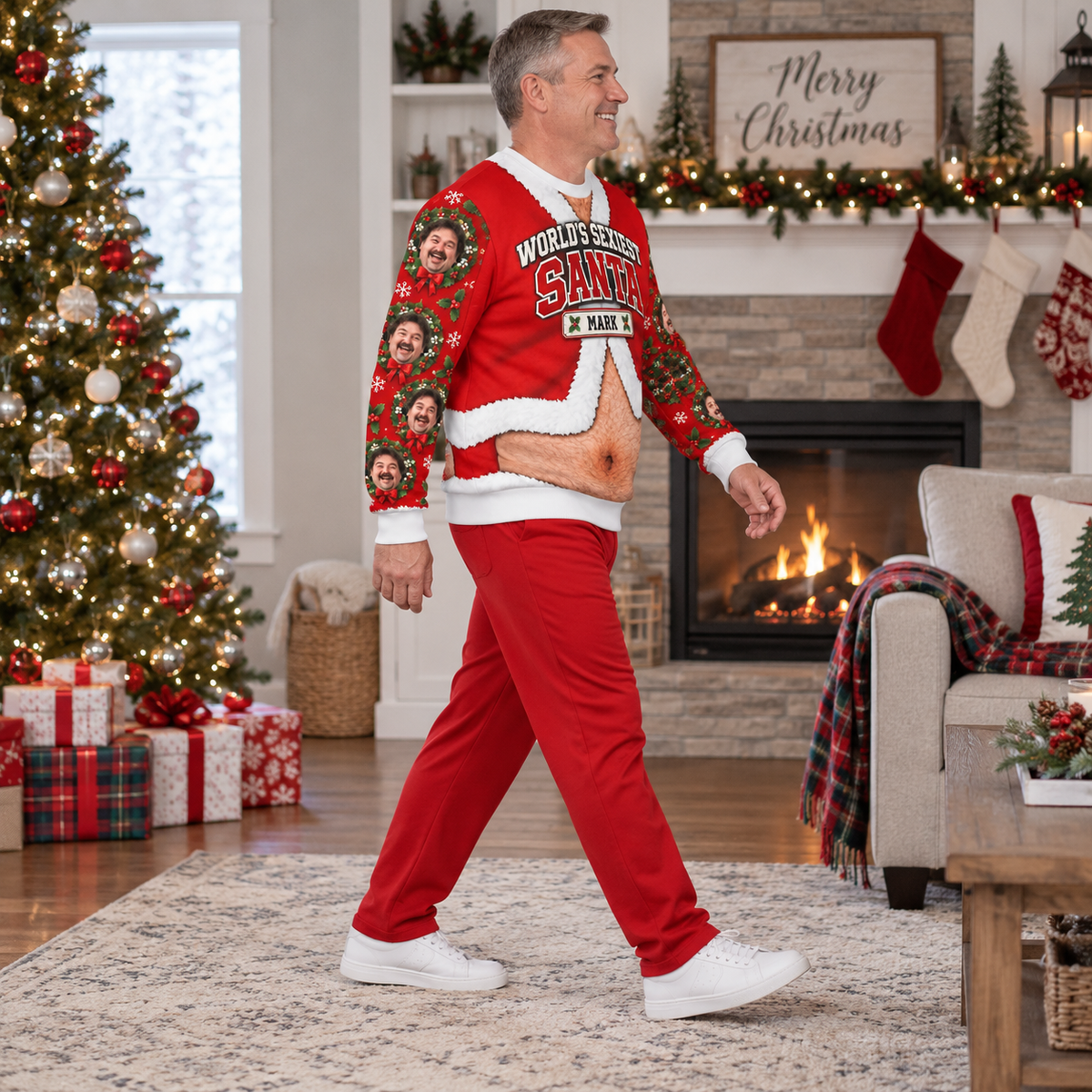 Funny Christmas Sweatshirt Hairy Belly Print Holiday Crewneck