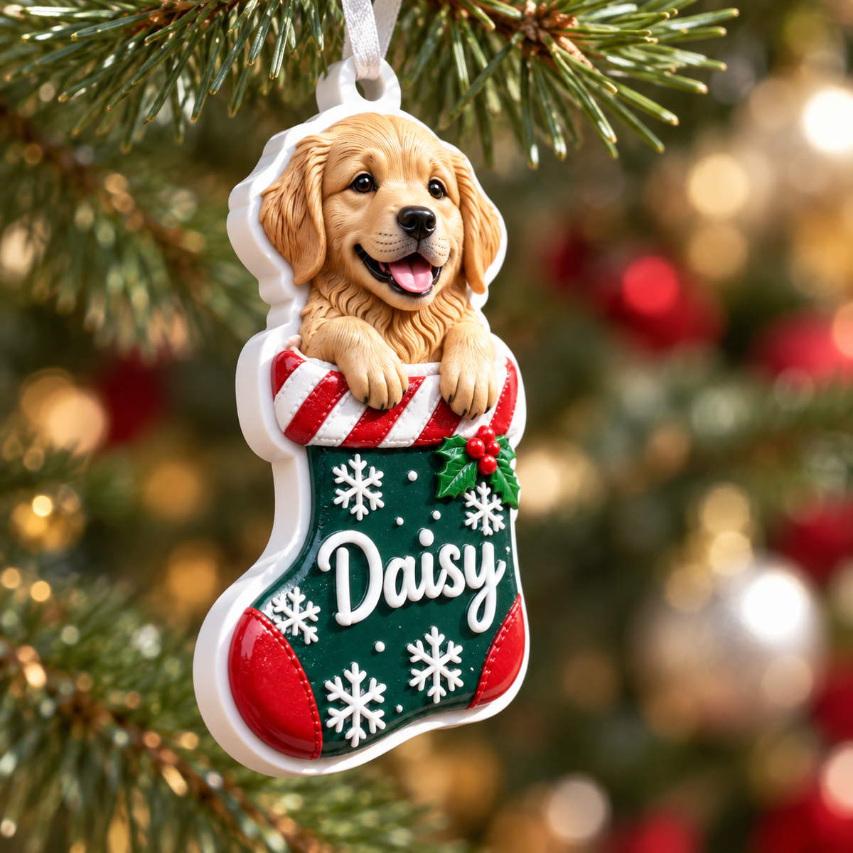 Golden Retriever Puppy in Christmas Stocking Holiday Tree Hanging Decor - 3D Relief Ornament
