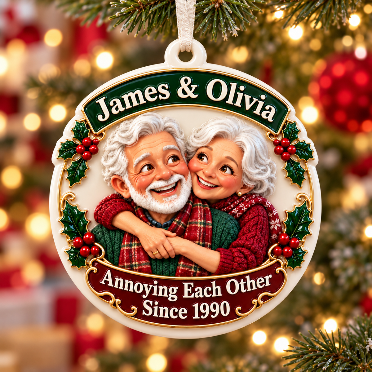 Elderly Couple Annoying Each Other Round Ceramic Holiday Keepsake - 3D Relief Ornament
