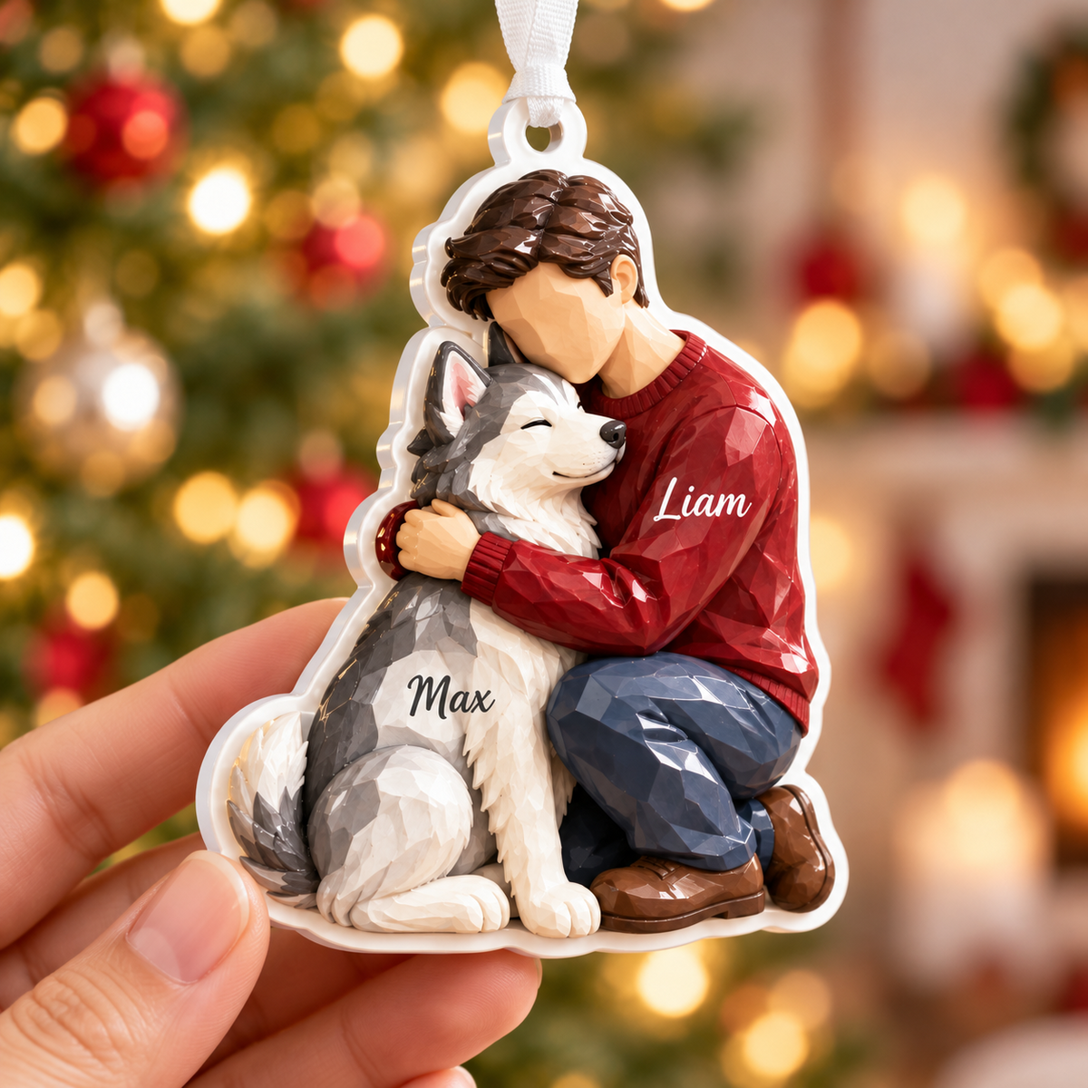 Boy Hugging Siberian Husky Dog Christmas Tree Hanging Keepsake - 3D Relief Ornament