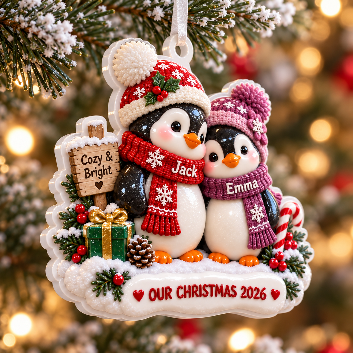 Winter Penguin Couple Holiday Keepsake with Knit Beanies and Snow Base - 3D Relief Ornament