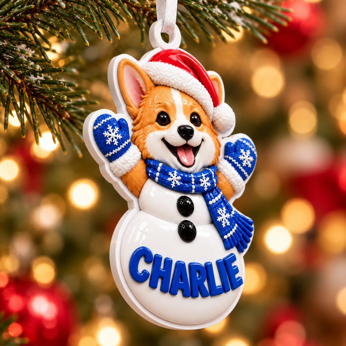 Corgi Dog Snowman with Blue Scarf and Santa Hat Acrylic Hanging Holiday Decor - 3D Relief Ornament