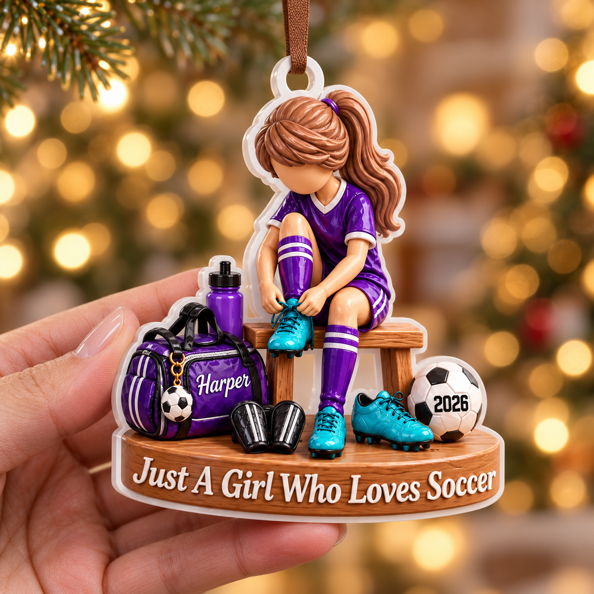 Girl Soccer Player Locker Room Bench Acrylic Hanging Holiday Keepsake - 3D Relief Ornament