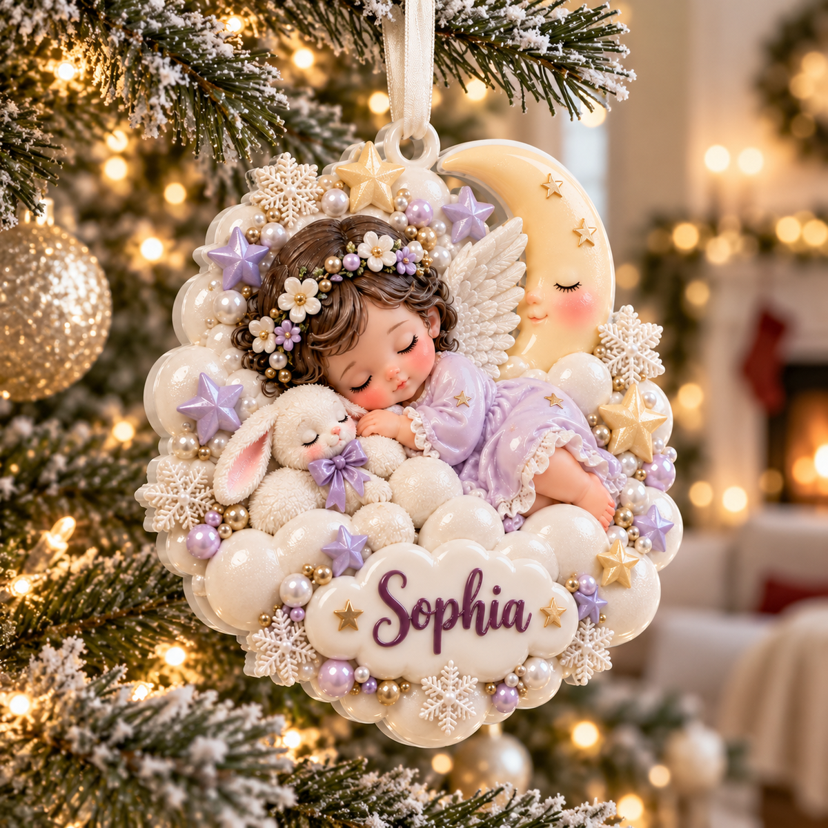 Sleeping Baby Angel with Bunny and Crescent Moon Holiday Keepsake - 3D Relief Ornament