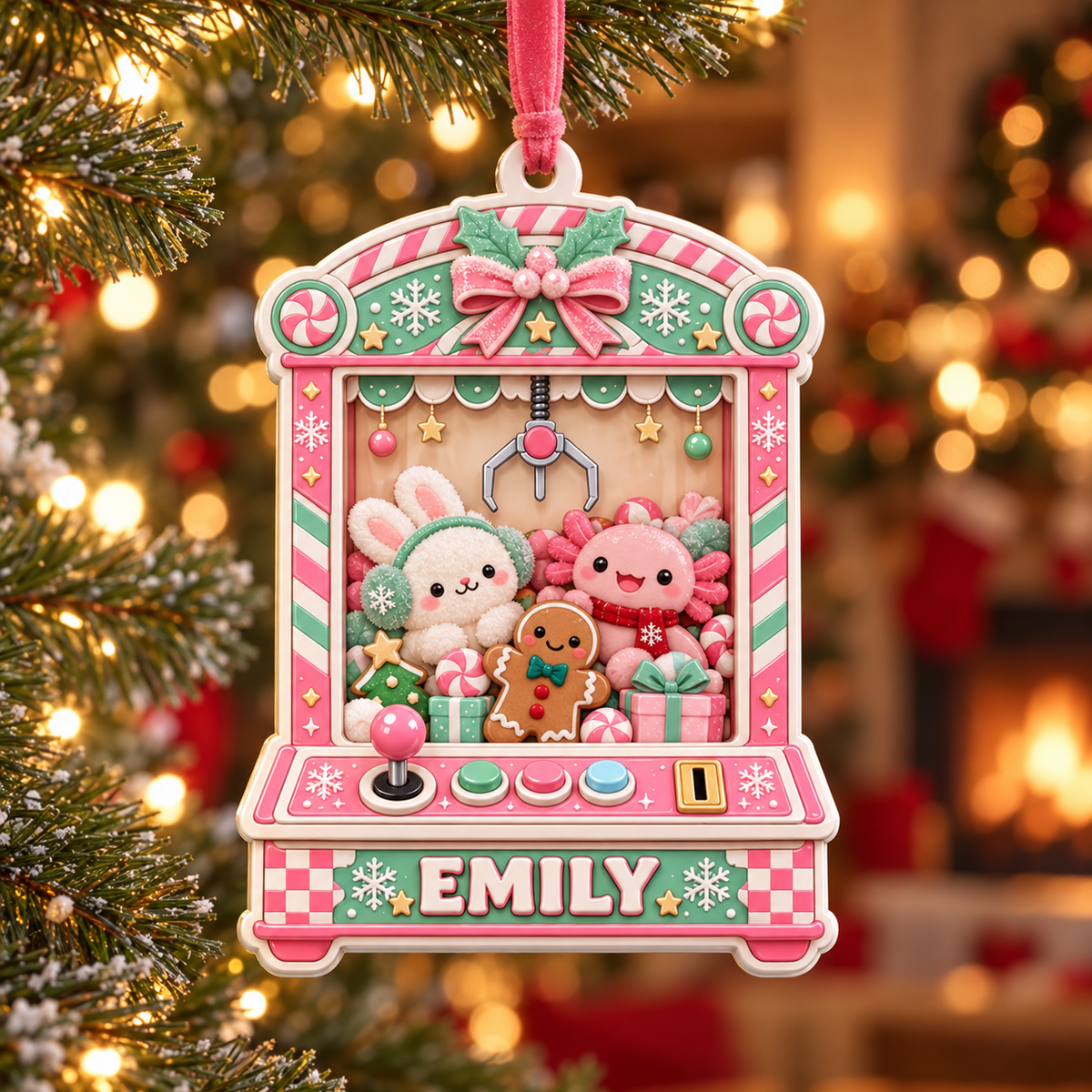 Pink Claw Machine Holiday Arcade Game with Plush Bunny and Axolotl - 3D Relief Ornament
