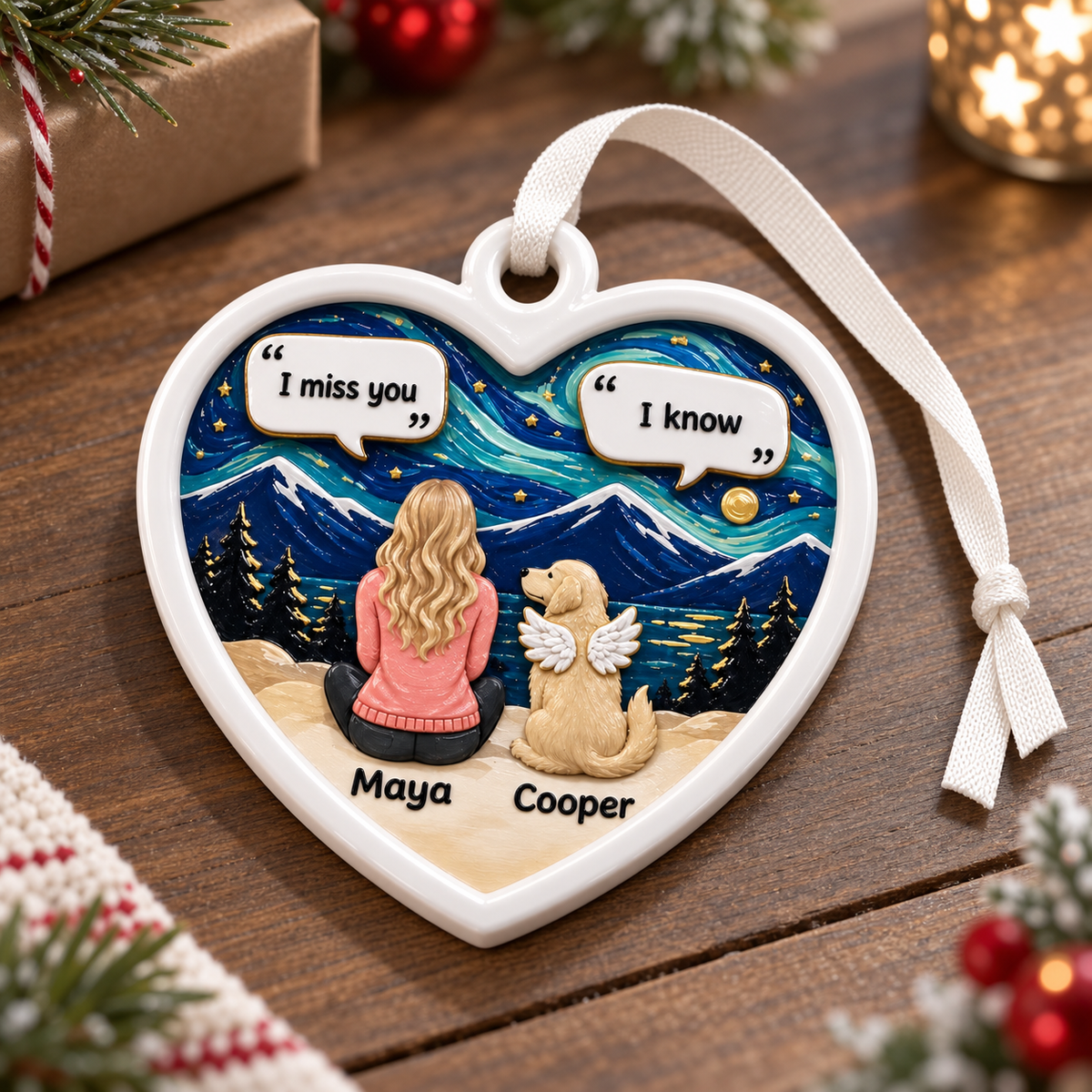 Dog Memorial Heart Keepsake Girl and Angel Pet Starry Mountain Nightscape - 3D Relief Ornament