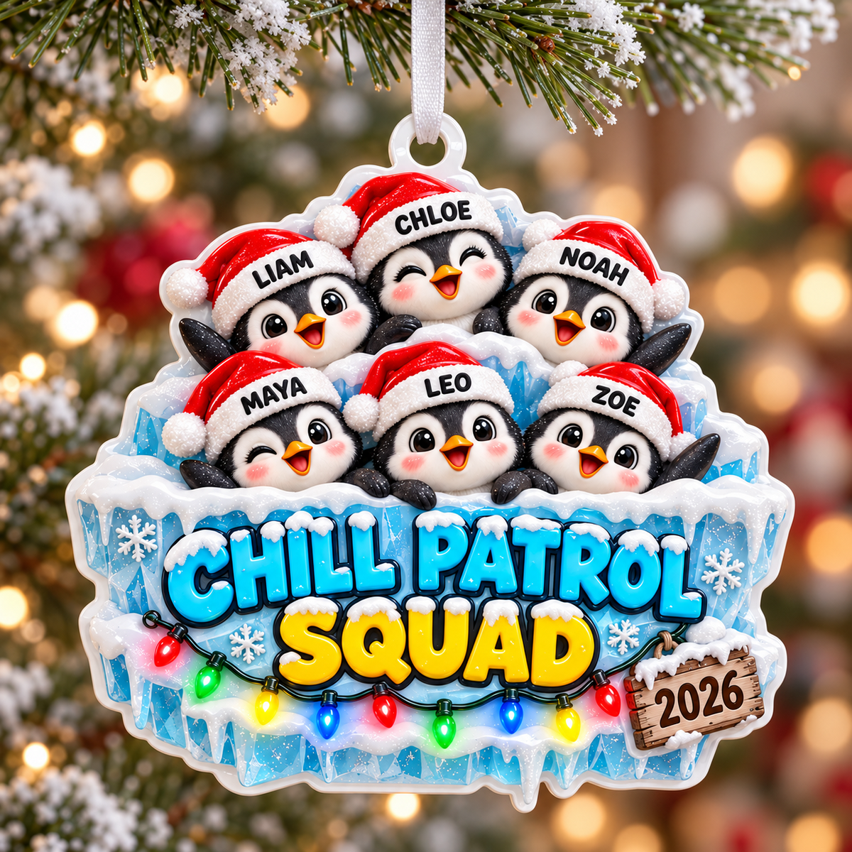 Winter Penguin Family Chill Patrol Squad Hanging Acrylic Holiday Decor - 3D Relief Ornament