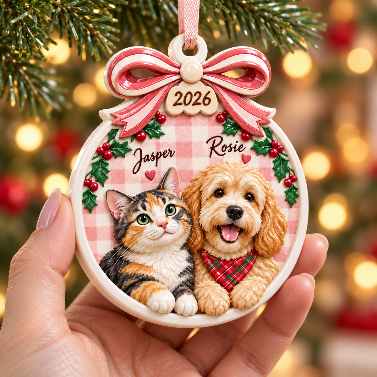 Dog and Cat Holiday Tree Hanging Keepsake with Pink Gingham Bow - 3D Relief Ornament