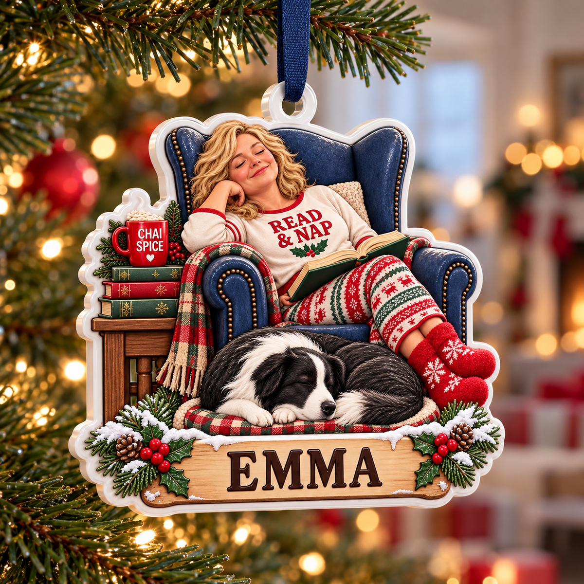 Cozy Woman Reading in Armchair with Sleeping Dog Acrylic Hanging Holiday Plaque - 3D Relief Ornament