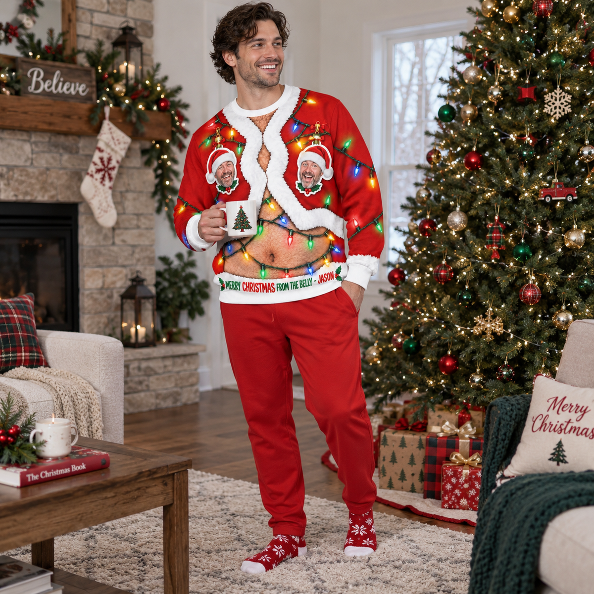 Ugly Christmas Sweatshirt Funny Hairy Belly String Lights Pullover