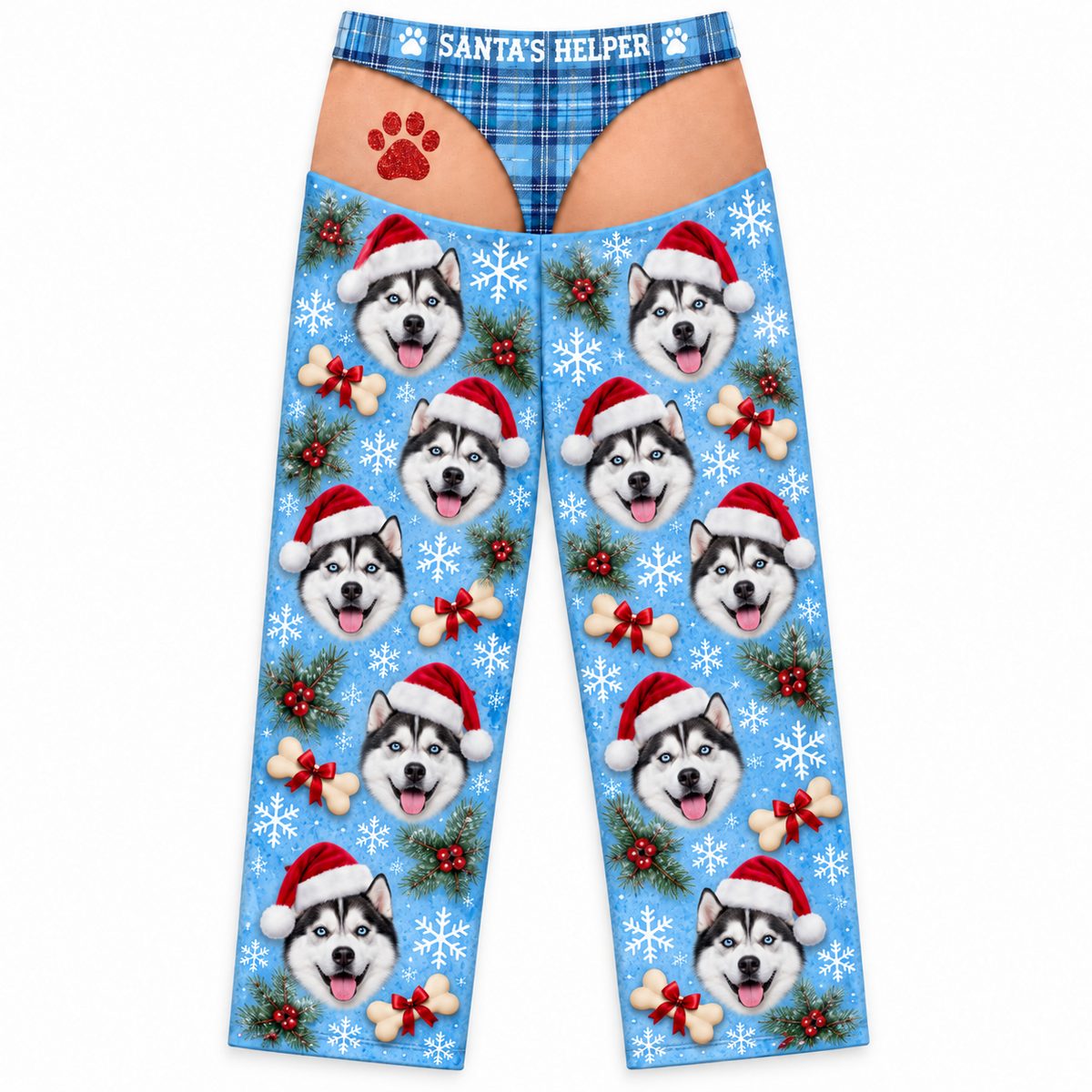 Mens Cutout Christmas Dog Print Pajama Pants with Plaid Briefs