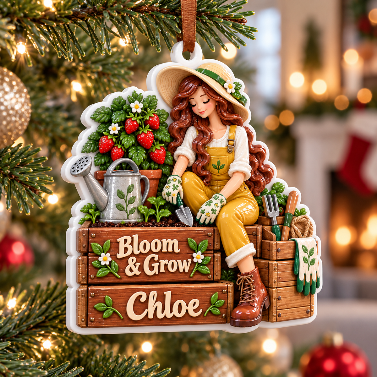 Gardening Girl with Strawberry Planter and Watering Can Holiday Hanging Keepsake - 3D Relief Ornament