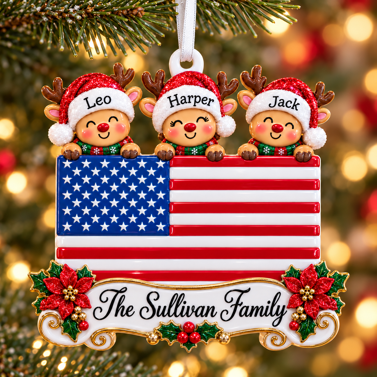 American Flag Family of 3 Reindeer Holiday Tree Hanging Decor - 3D Relief Ornament
