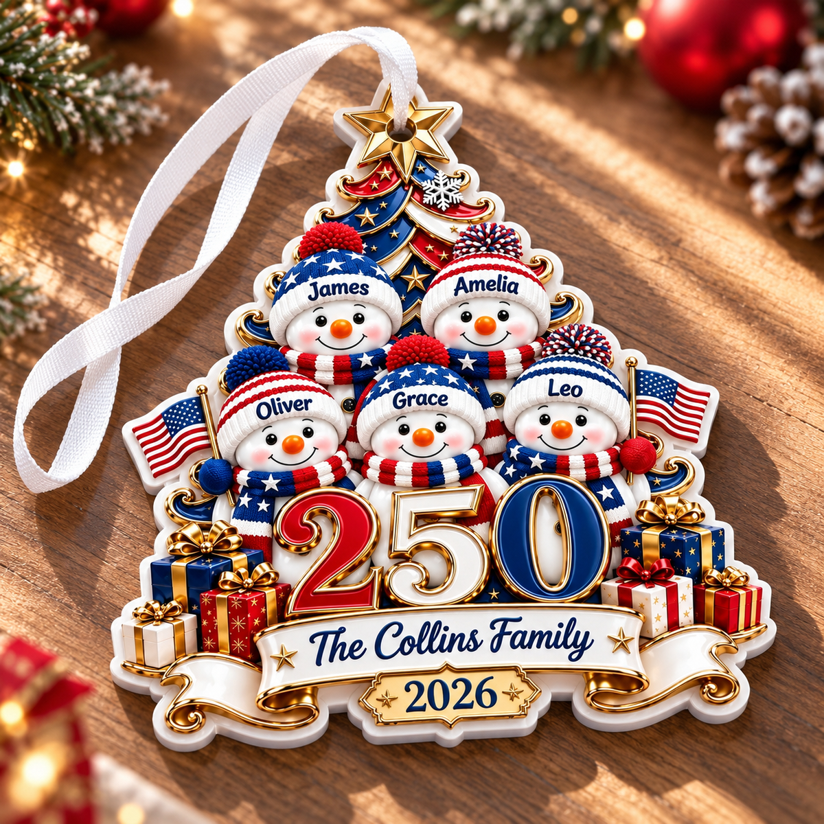 Patriotic USA 250 Snowman Family Christmas Tree Holiday Decor - 3D Relief Ornament