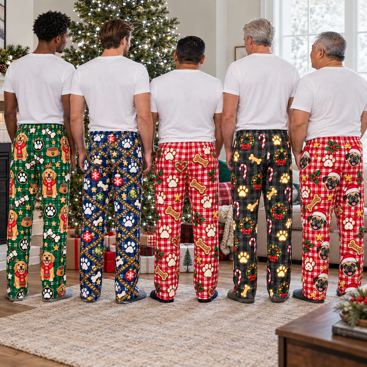 Mens Dog Christmas Pajama Pants Plaid Holiday Lounge Bottoms